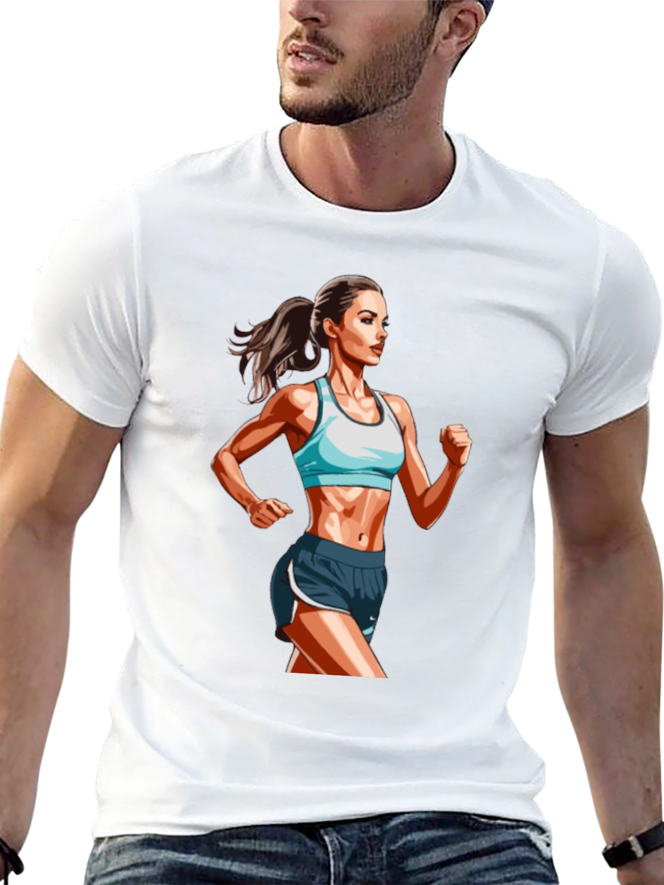 Mens Black T-Shirt with Female Runner Graphic