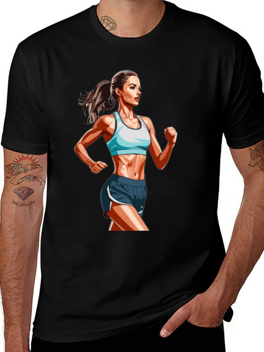 Mens Black T-Shirt with Female Runner Graphic