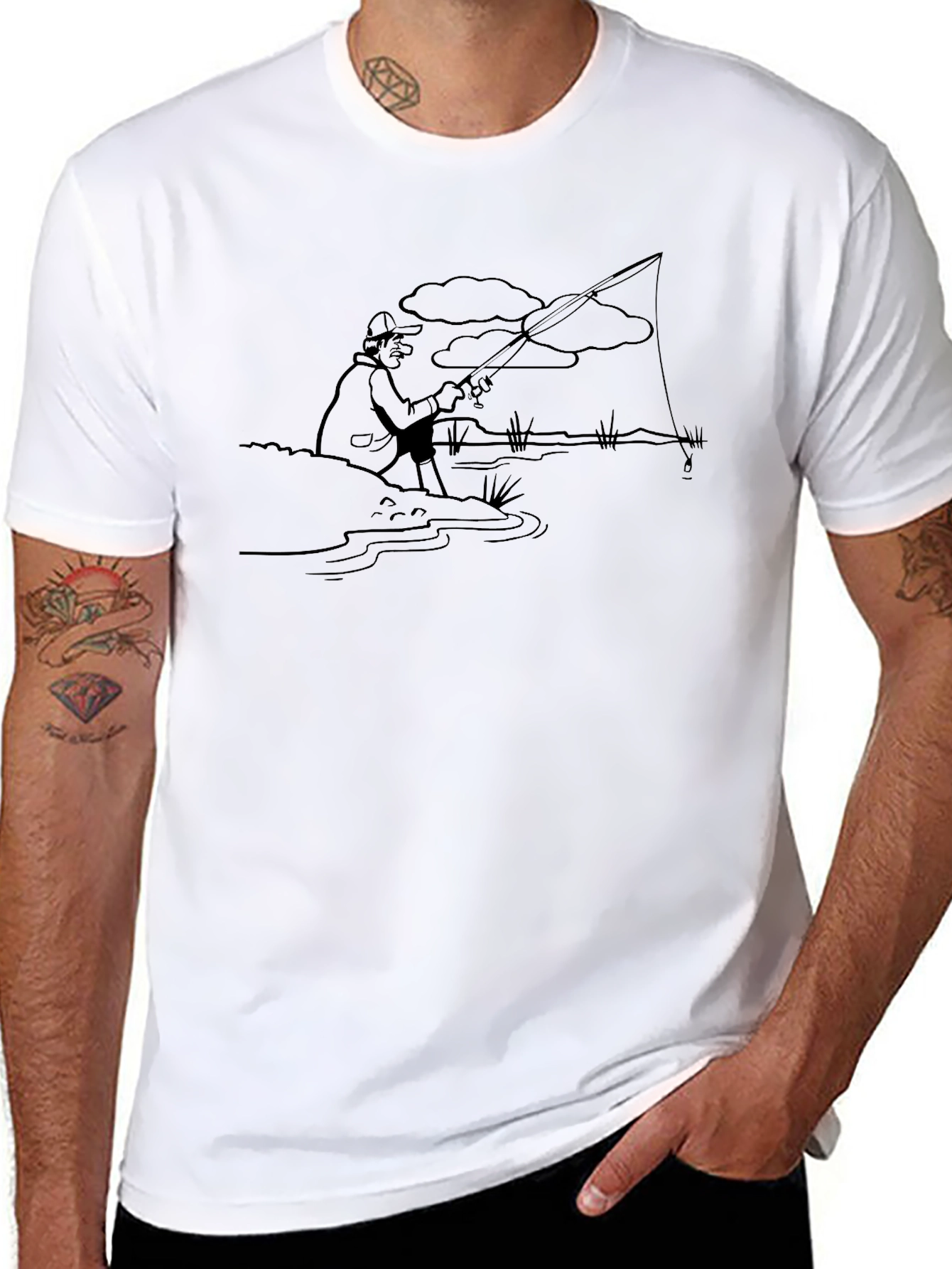Fishing Cartoon Graphic Tee - Black T-Shirt