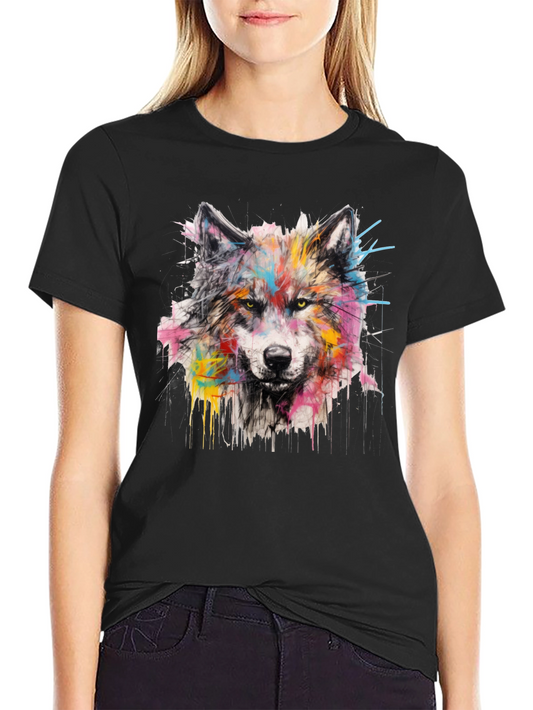 Colorful Wolf Graphic Print Mens Black T-Shirt