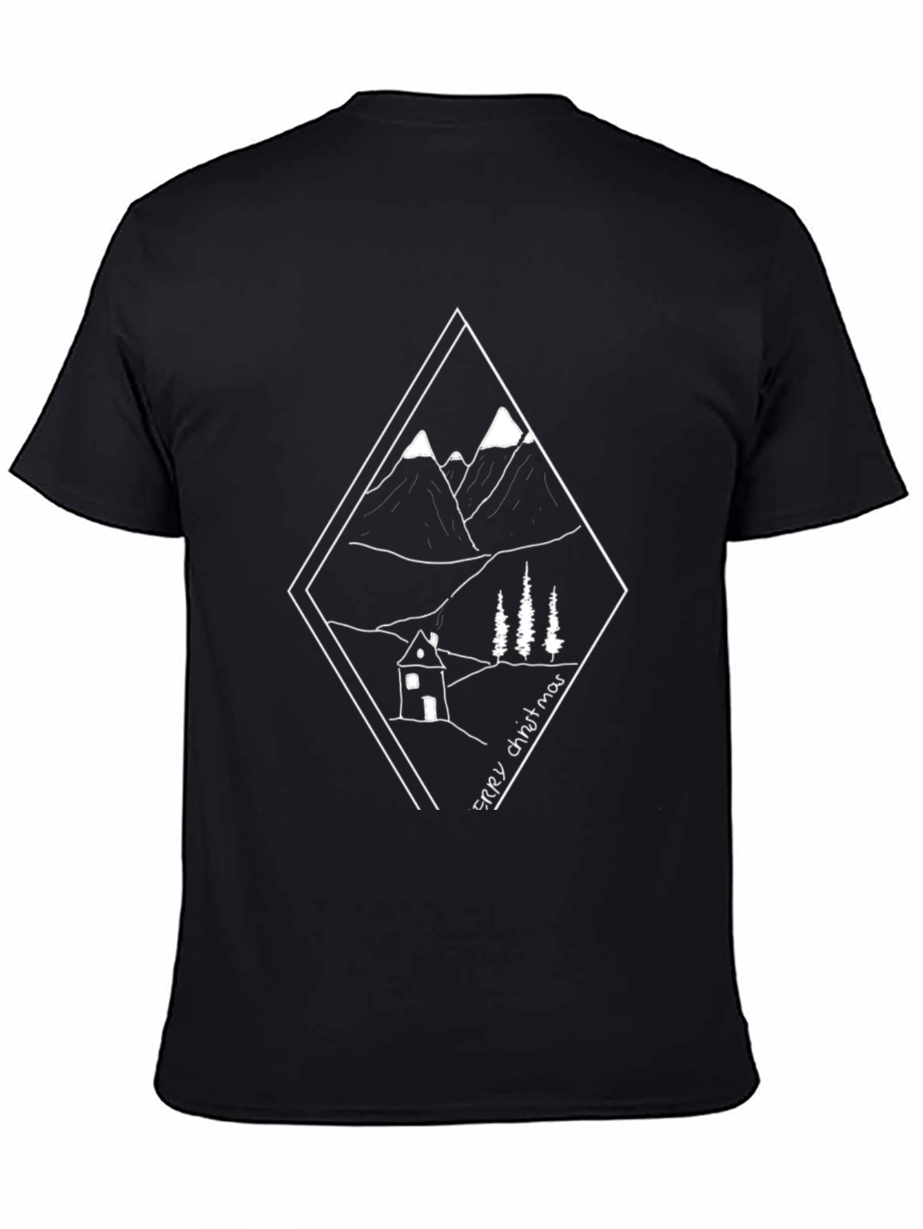 Merry Christmas Mountain Cabin Graphic Tee - Black