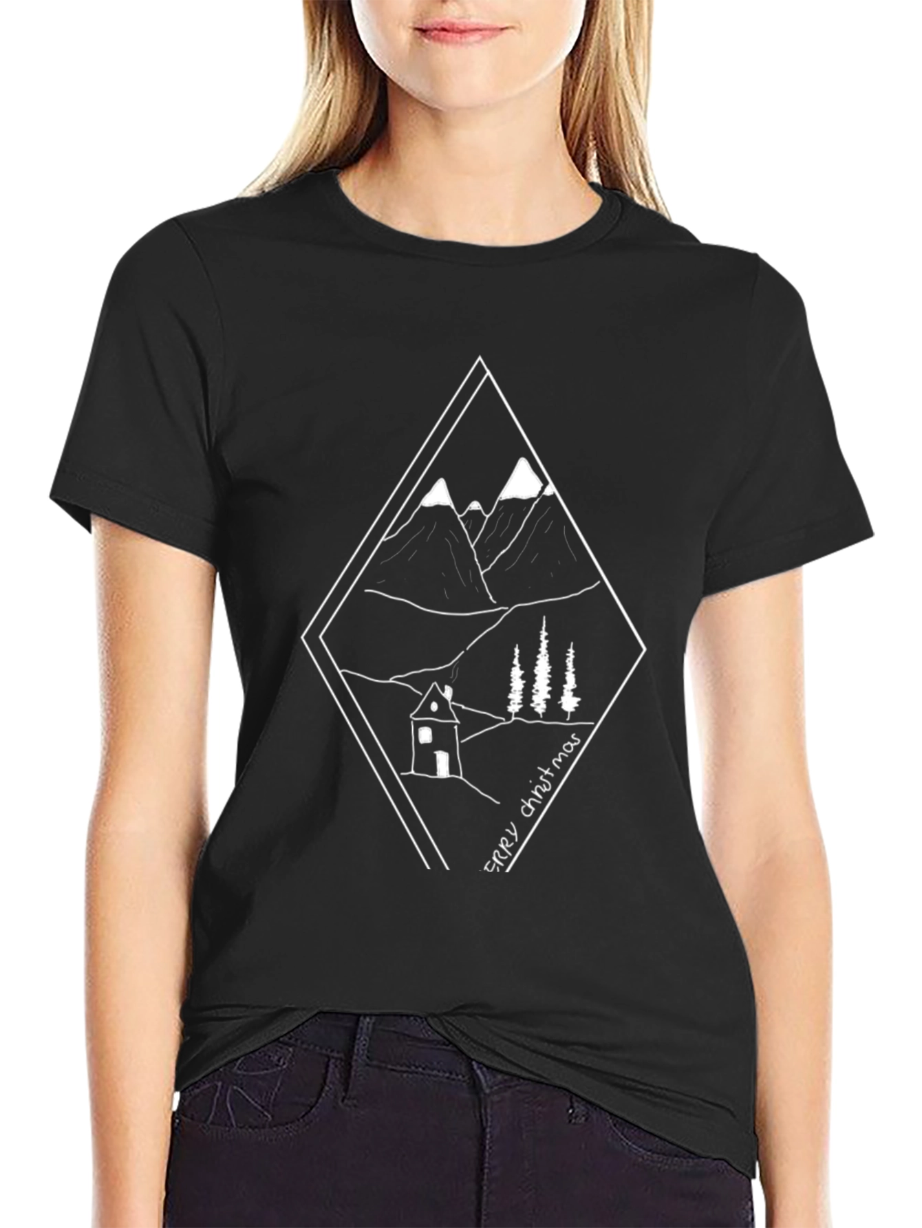 Merry Christmas Mountain Cabin Graphic Tee - Black