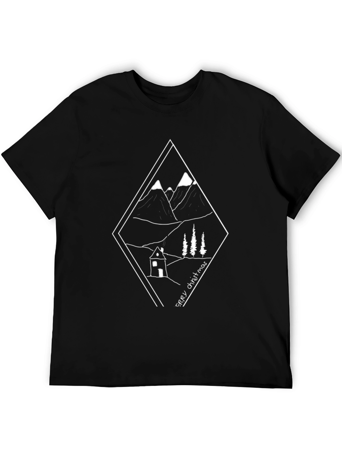 Merry Christmas Mountain Cabin Graphic Tee - Black