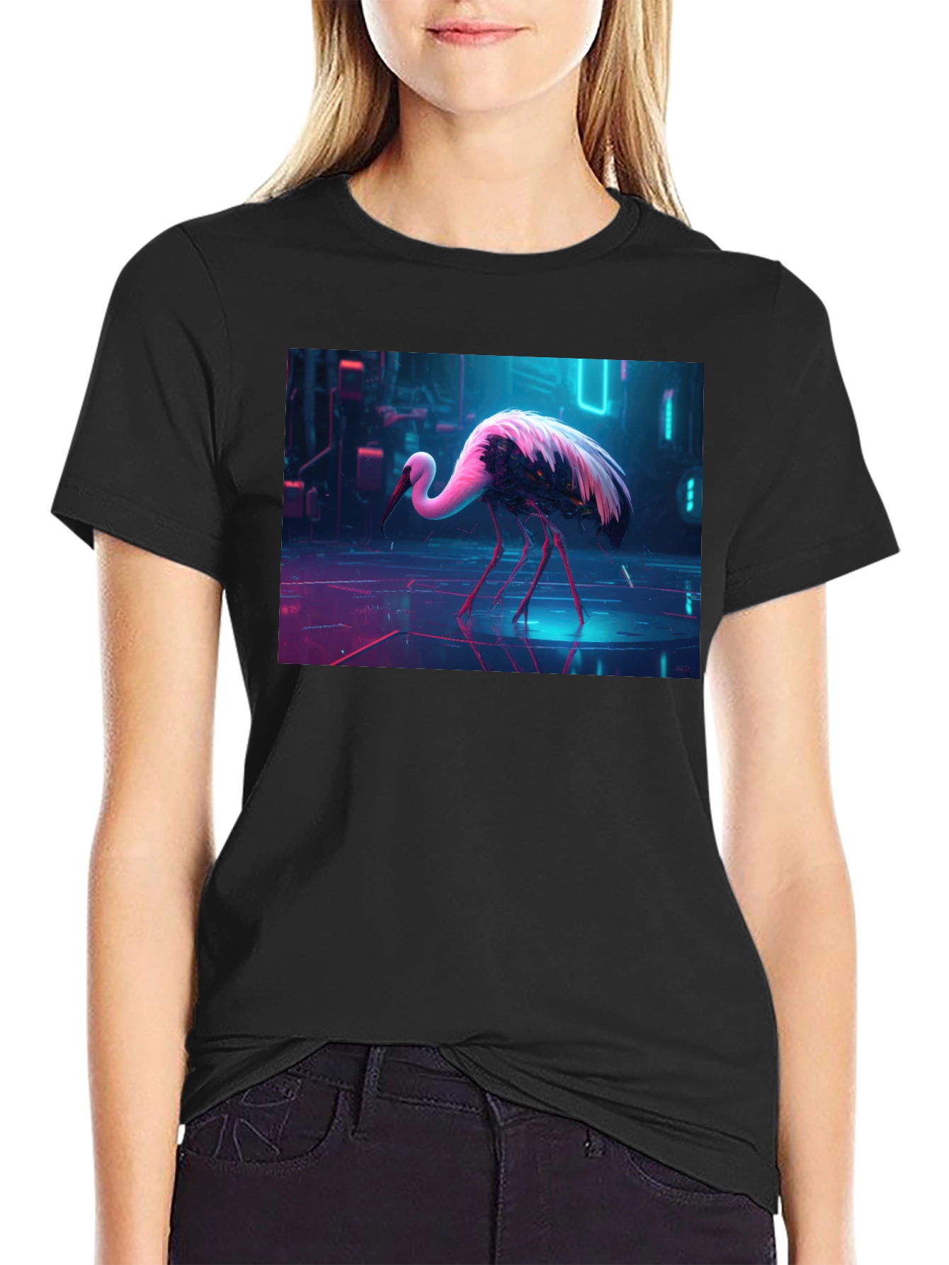 Cyberpunk Stork Graphic T-Shirt - Black