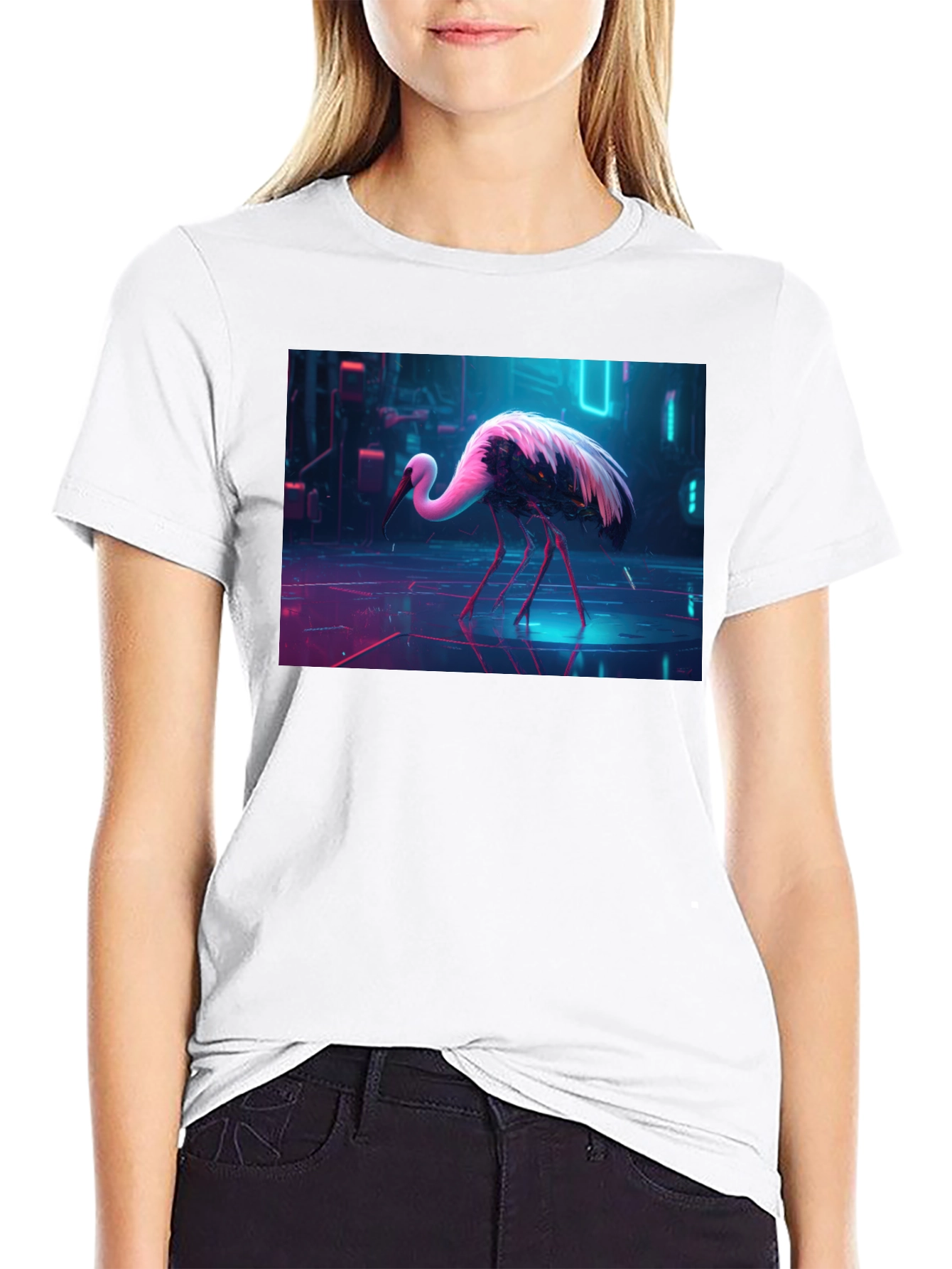 Cyberpunk Stork Graphic T-Shirt - Black