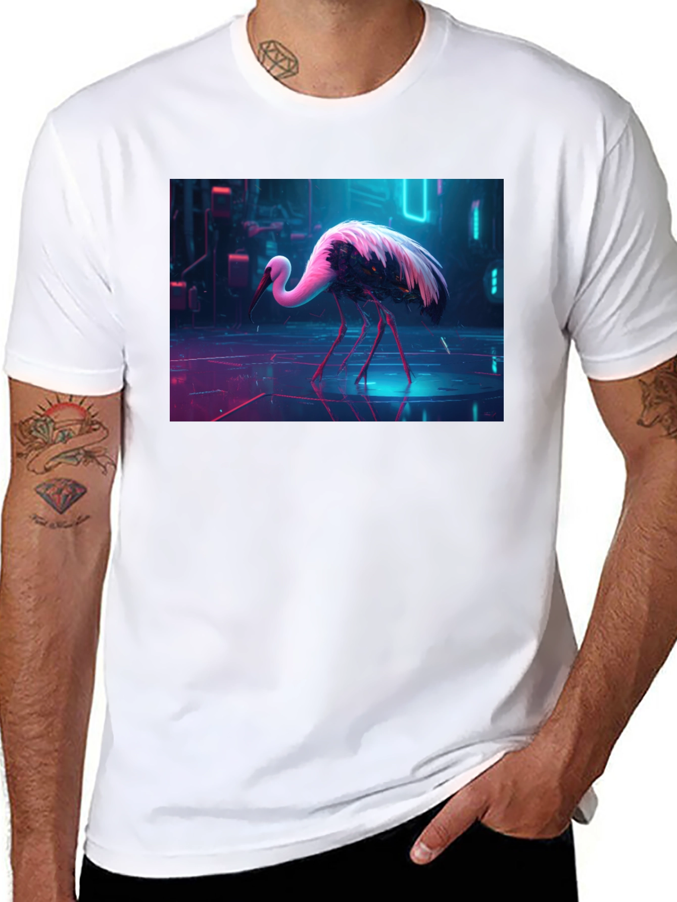 Cyberpunk Stork Graphic T-Shirt - Black