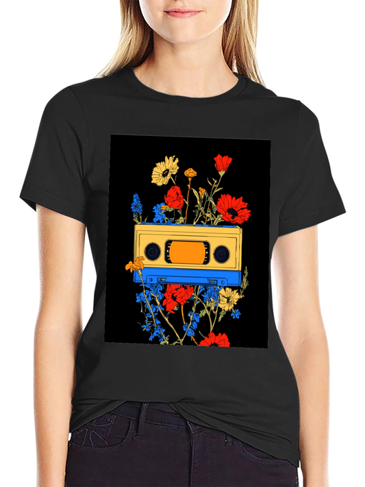 Retro Cassette Tape Floral Graphic T-Shirt