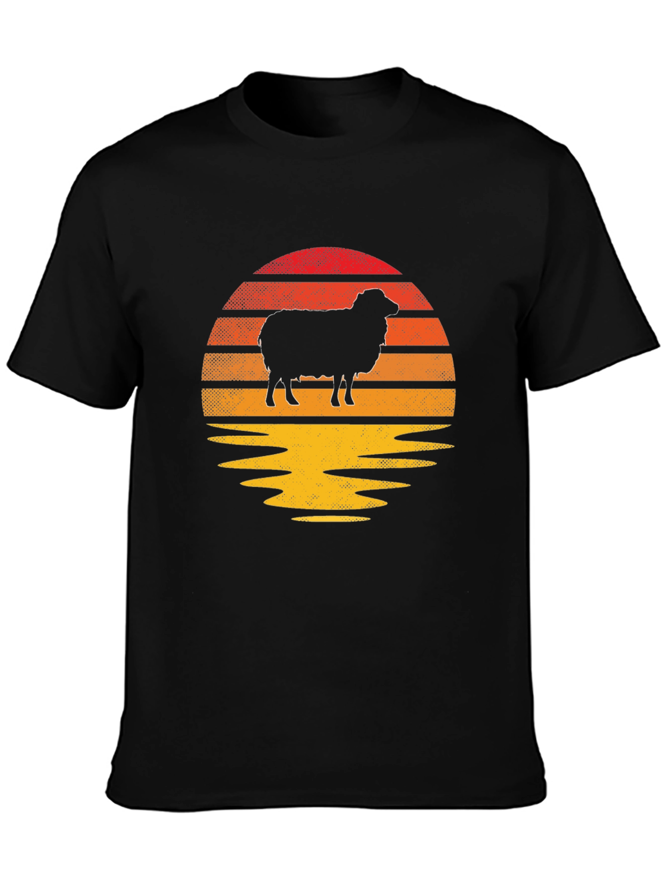 Retro Sheep Sunset Graphic Tee - Black Cotton Blend