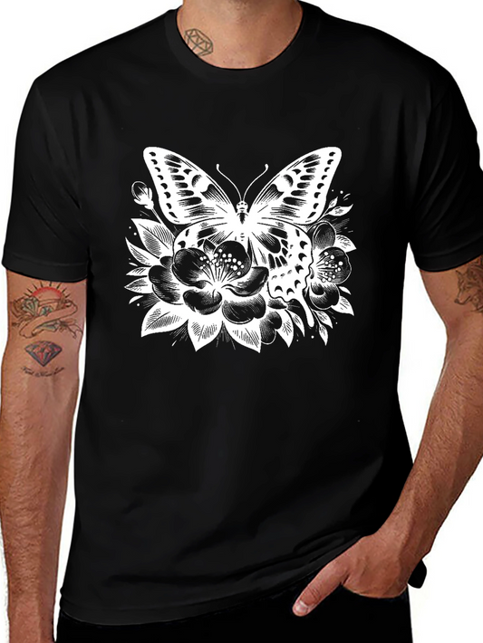Butterfly Floral Print Black T-Shirt