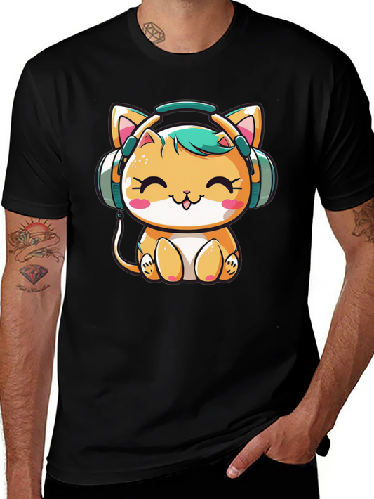 Cute Cat with Headphones Black T-Shirt