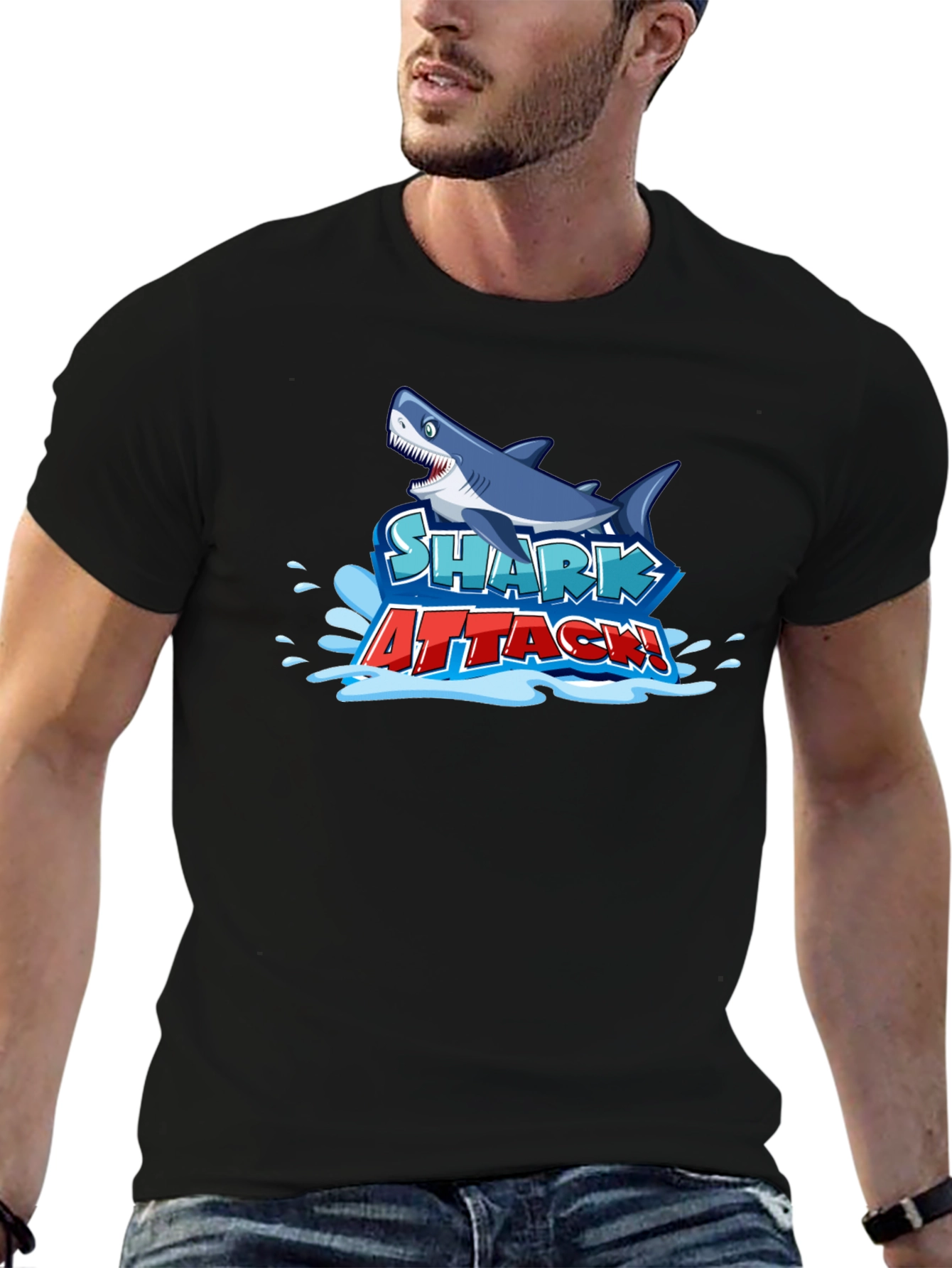 Shark Attack Graphic Tee - Black Cotton T-Shirt