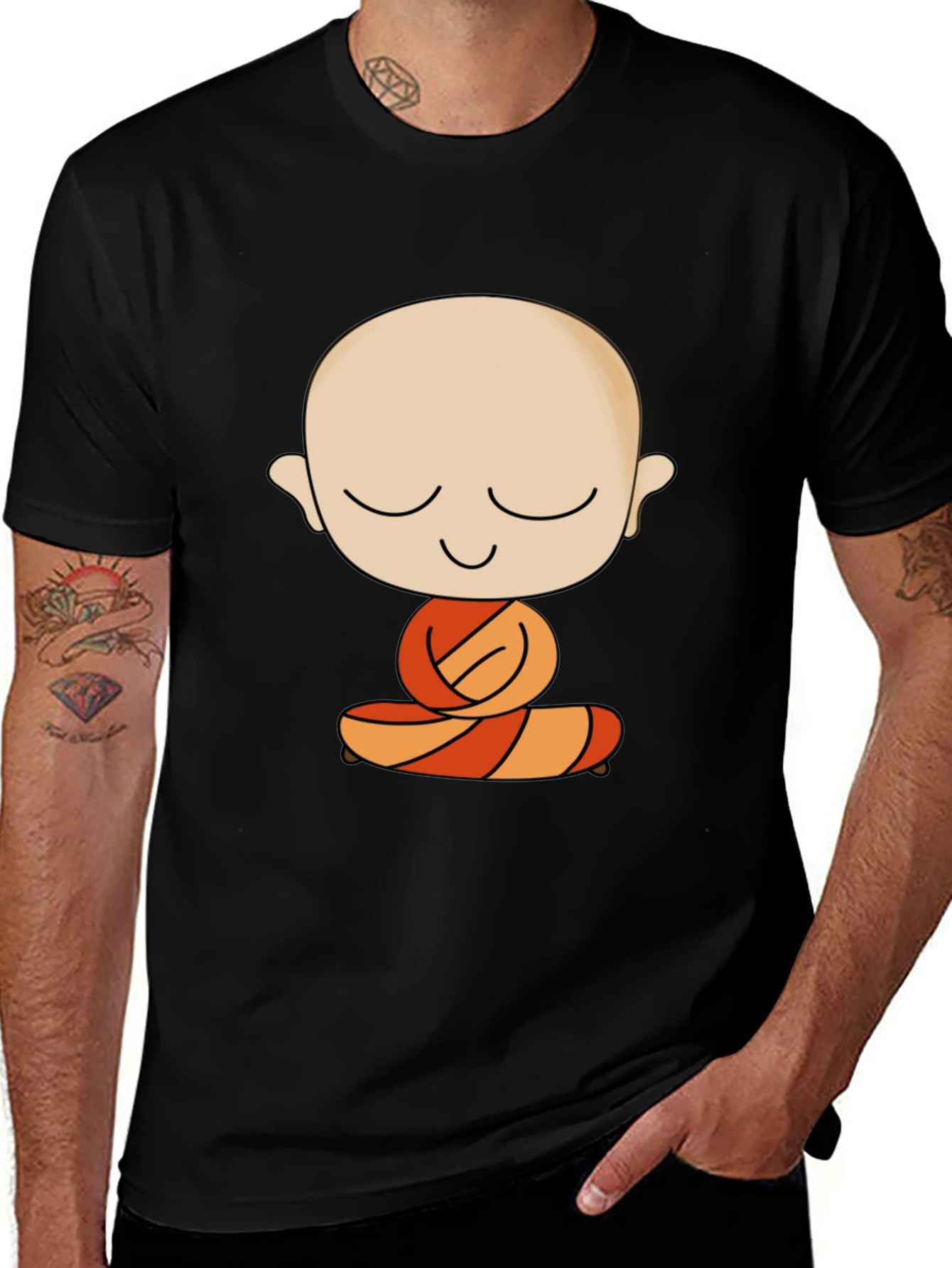Meditating Monk Cartoon Black T-Shirt