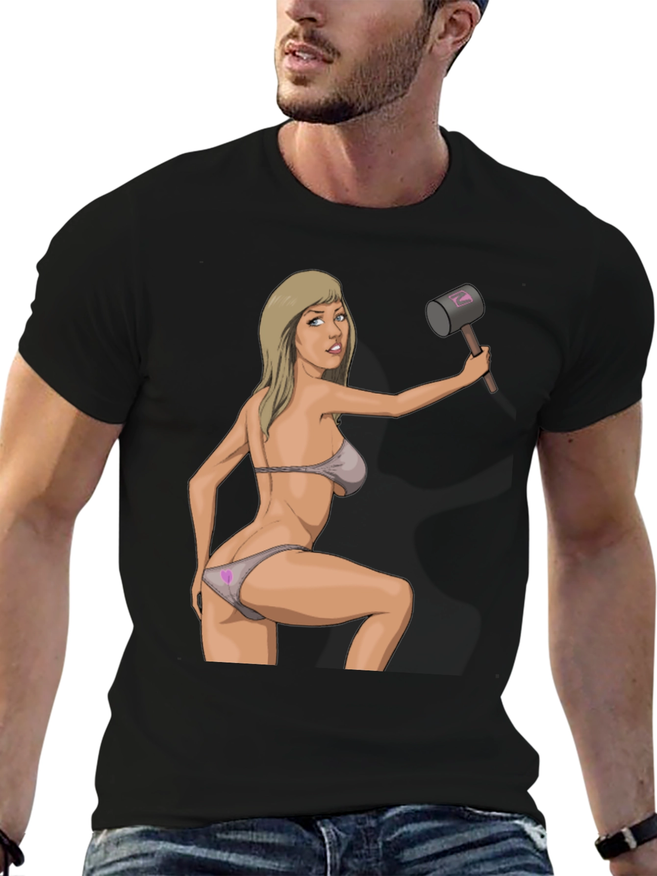 Humorous Graphic Tee - Sexy Woman with Hammer