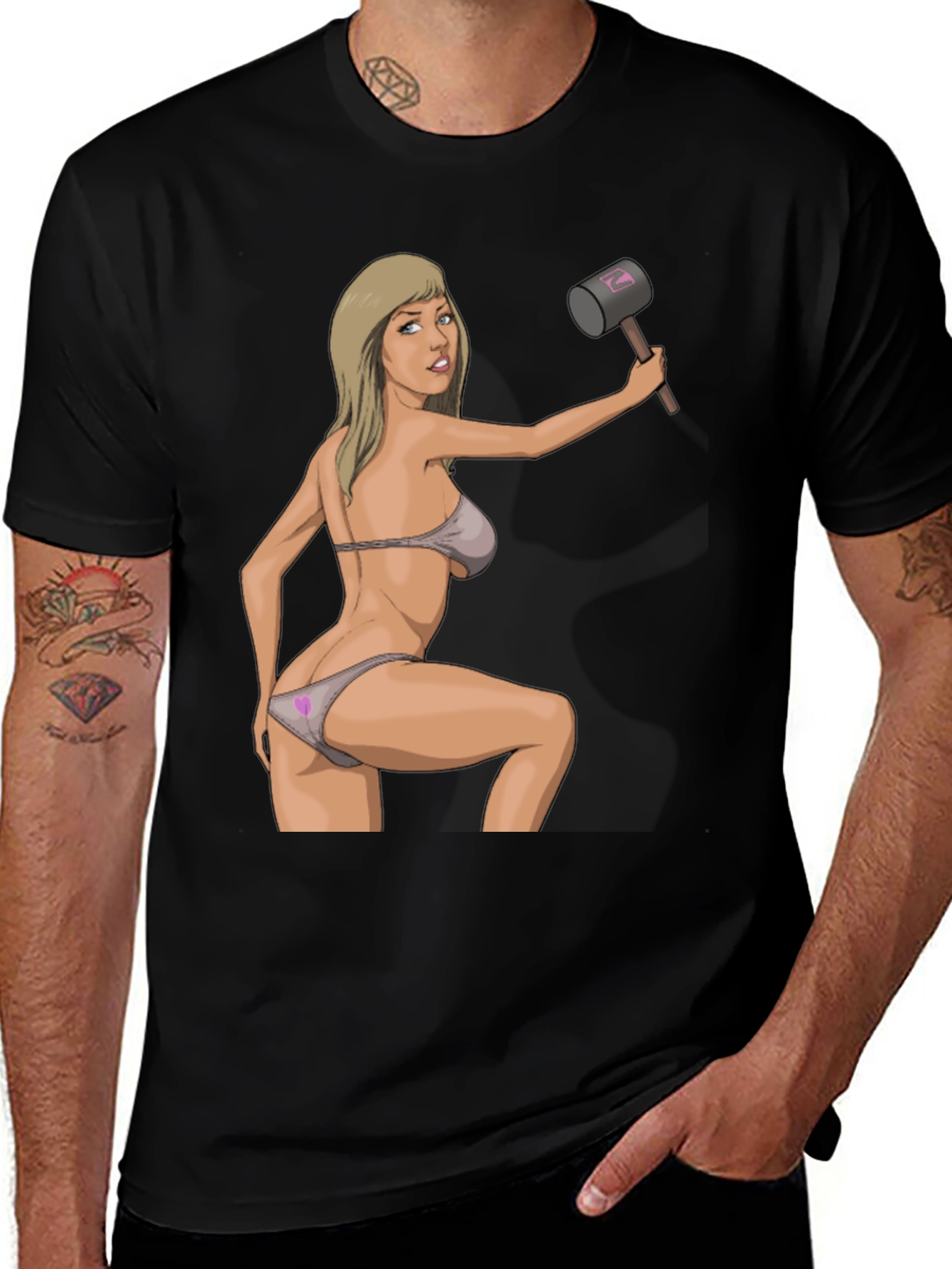 Humorous Graphic Tee - Sexy Woman with Hammer