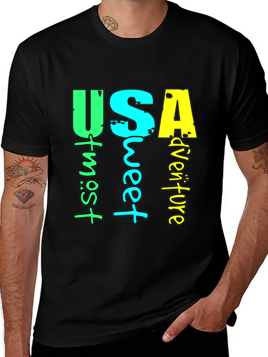 USA Adventure Graphic Print Black T-Shirt