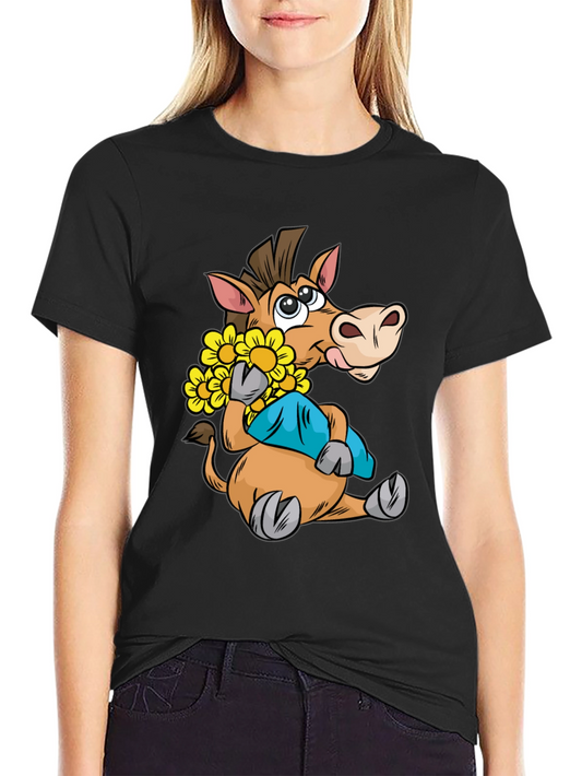Cartoon Horse T-Shirt with Flowers