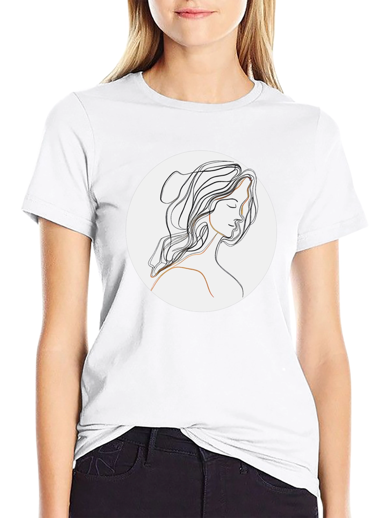 Minimalist Line Art Woman Black T-Shirt