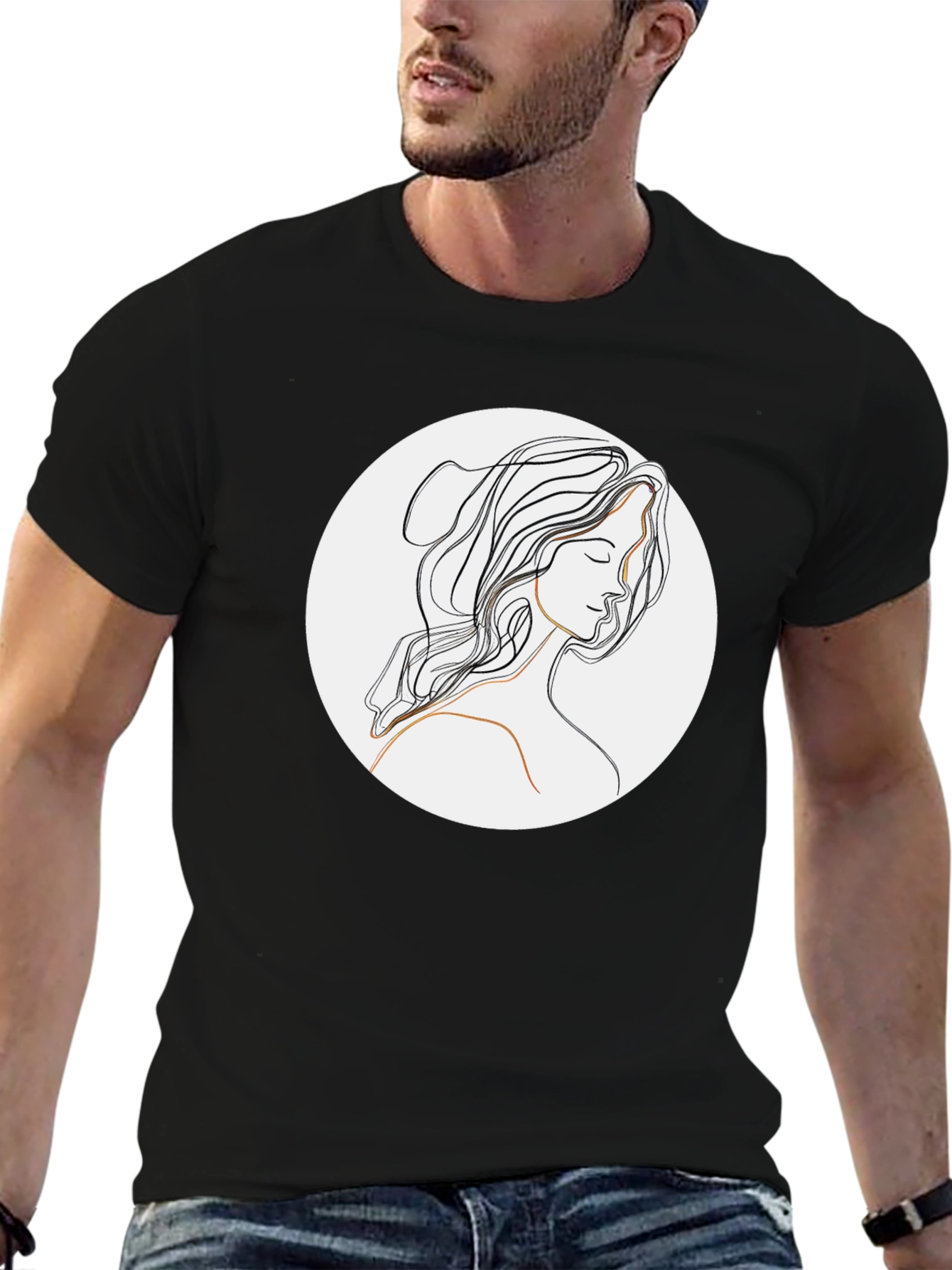 Minimalist Line Art Woman Black T-Shirt