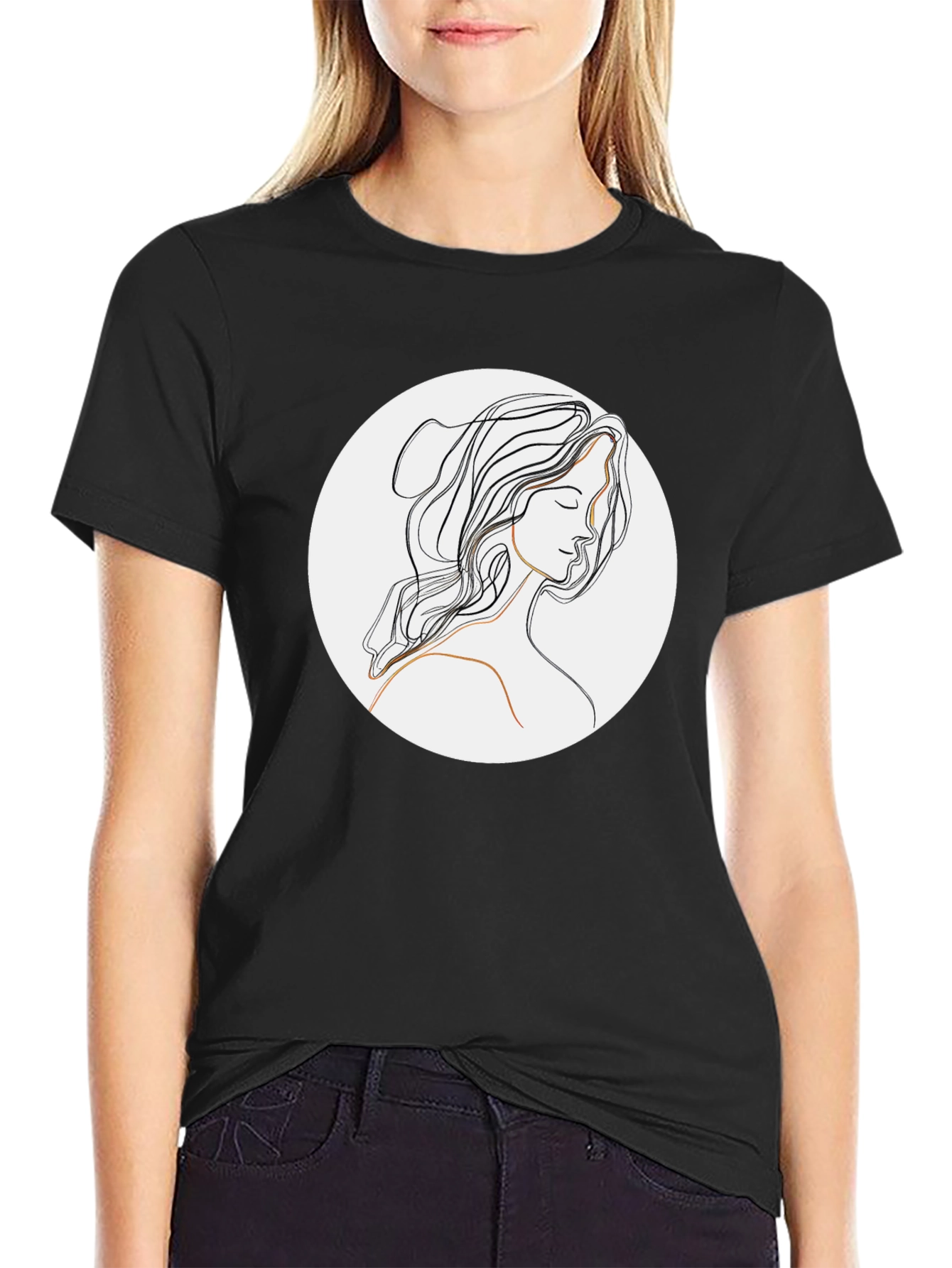 Minimalist Line Art Woman Black T-Shirt