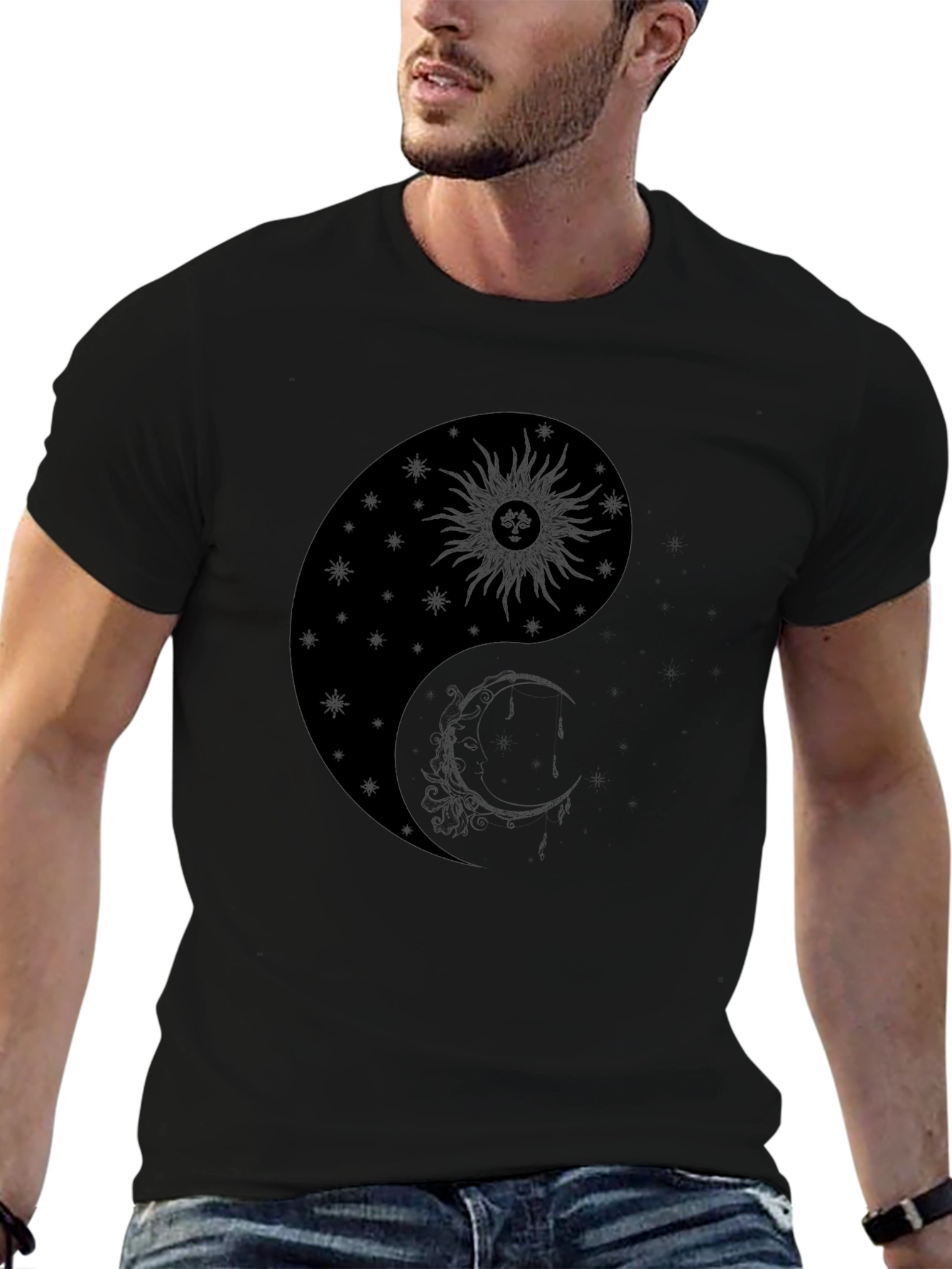 Yin Yang Sun & Moon Graphic T-Shirt - Black
