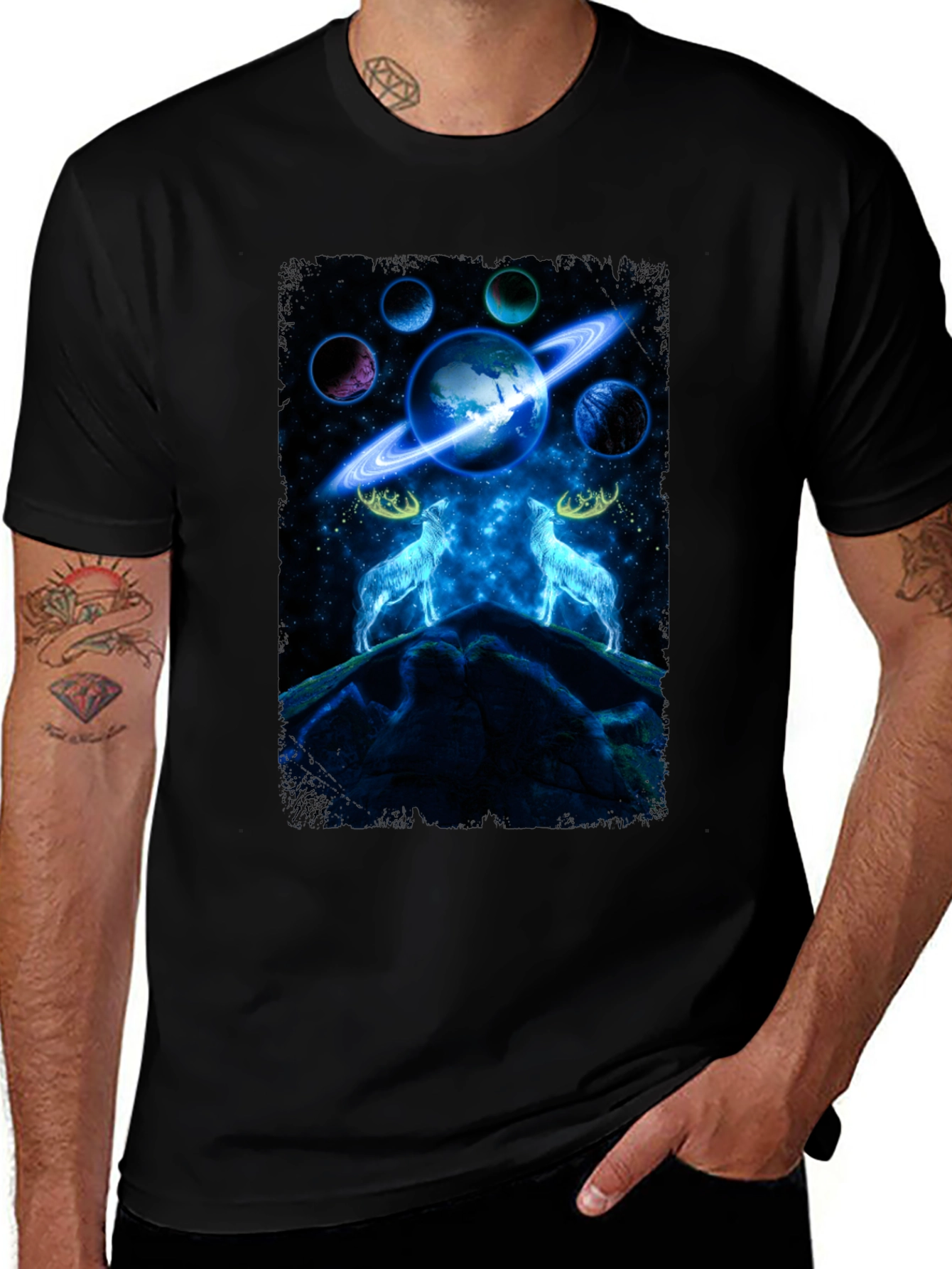 Cosmic Wolves Graphic Tee - Black Cotton