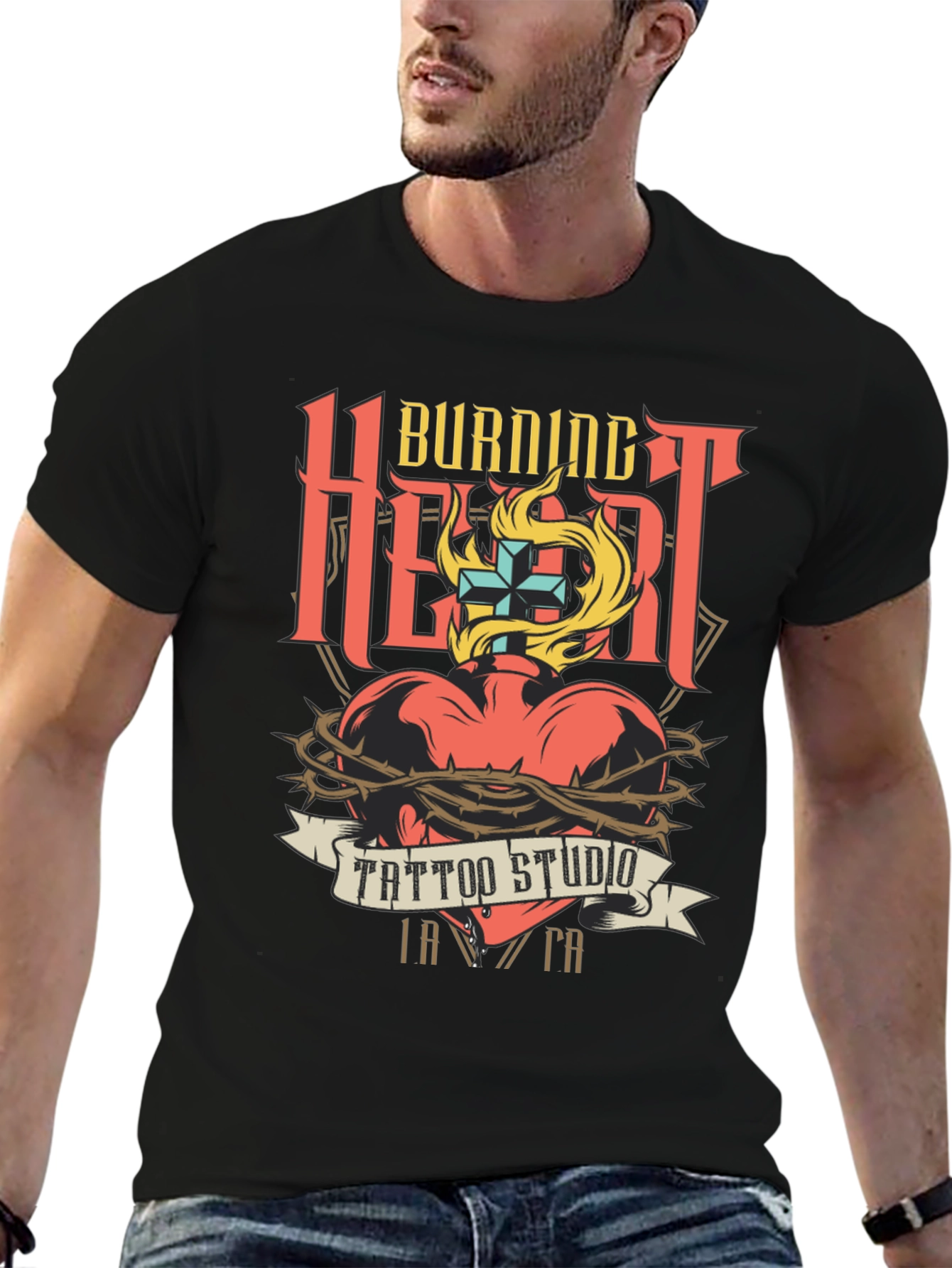 Burning Heart Tattoo Studio Black T-Shirt