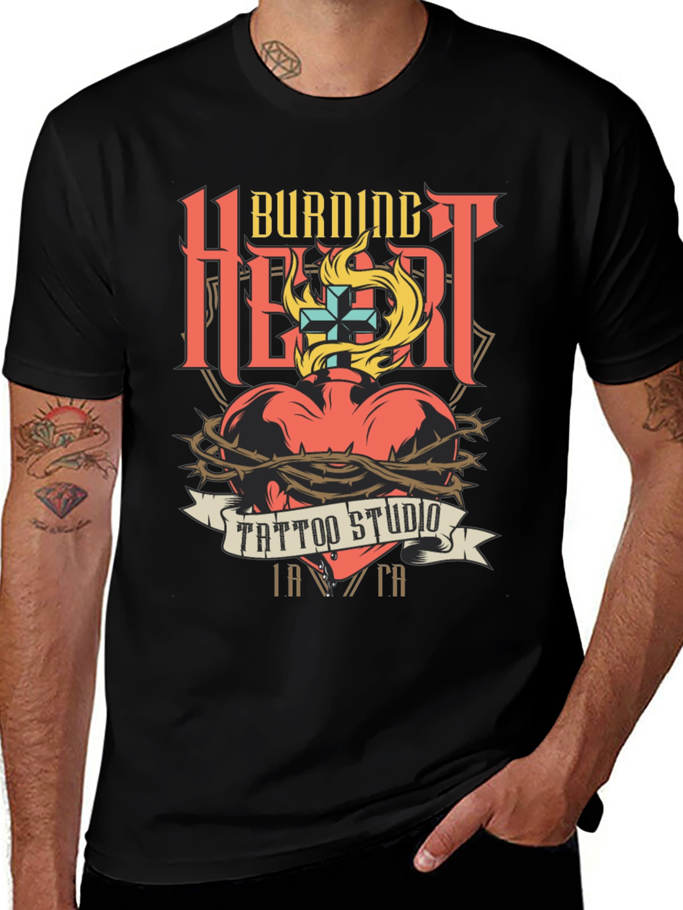 Burning Heart Tattoo Studio Black T-Shirt