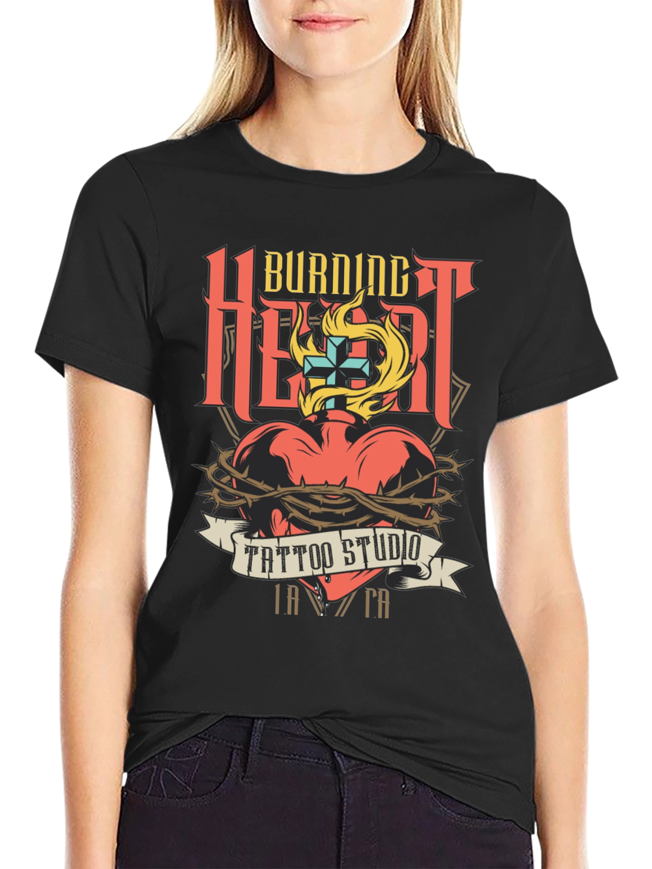 Burning Heart Tattoo Studio Black T-Shirt