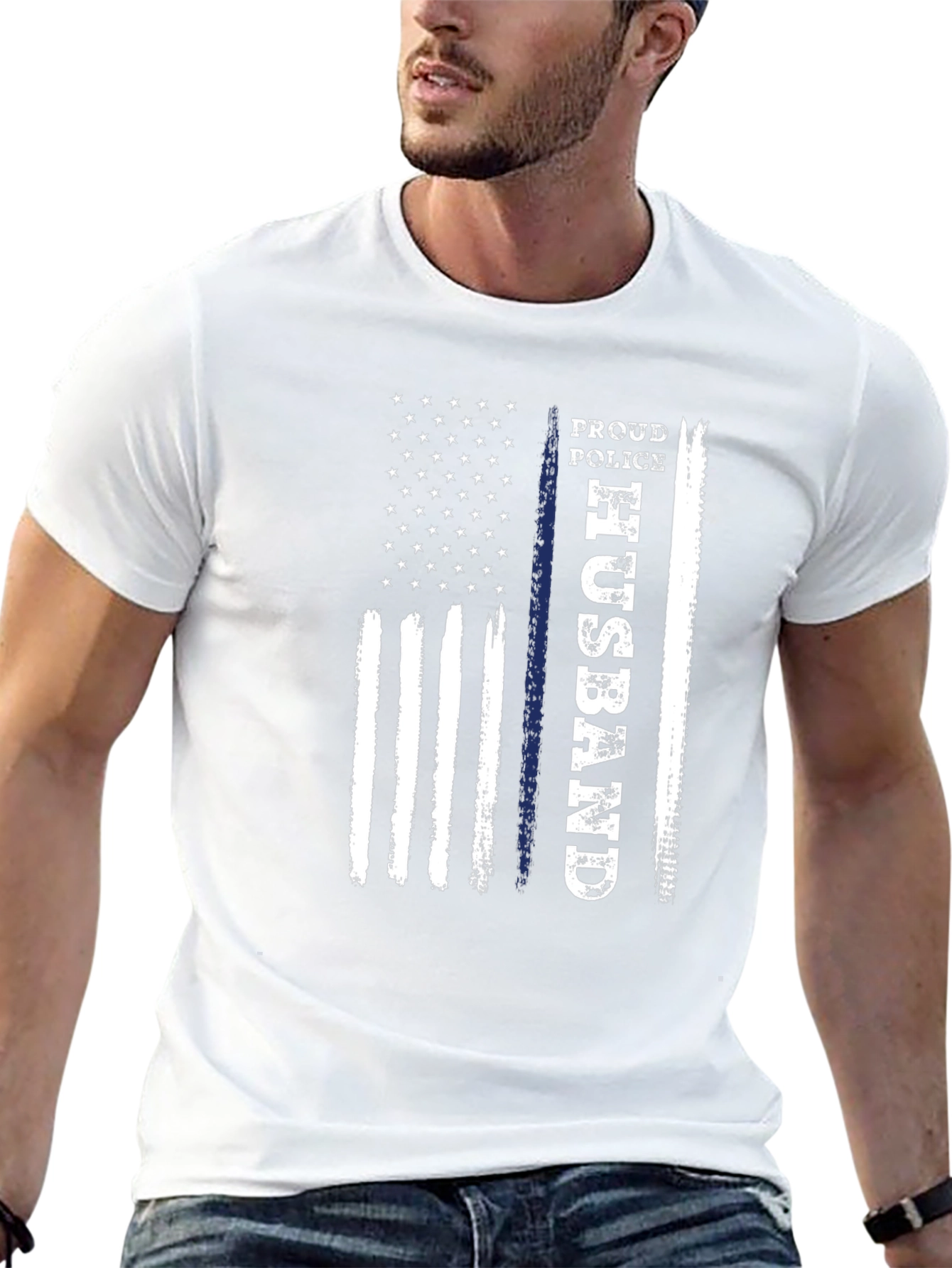 Proud Police Husband American Flag Graphic T-Shirt