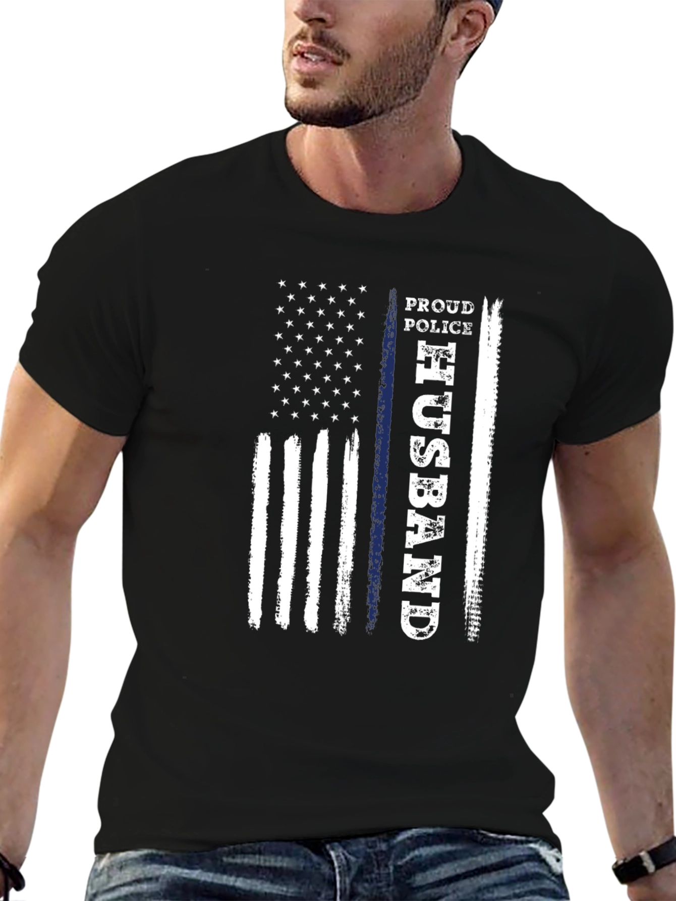 Proud Police Husband American Flag Graphic T-Shirt
