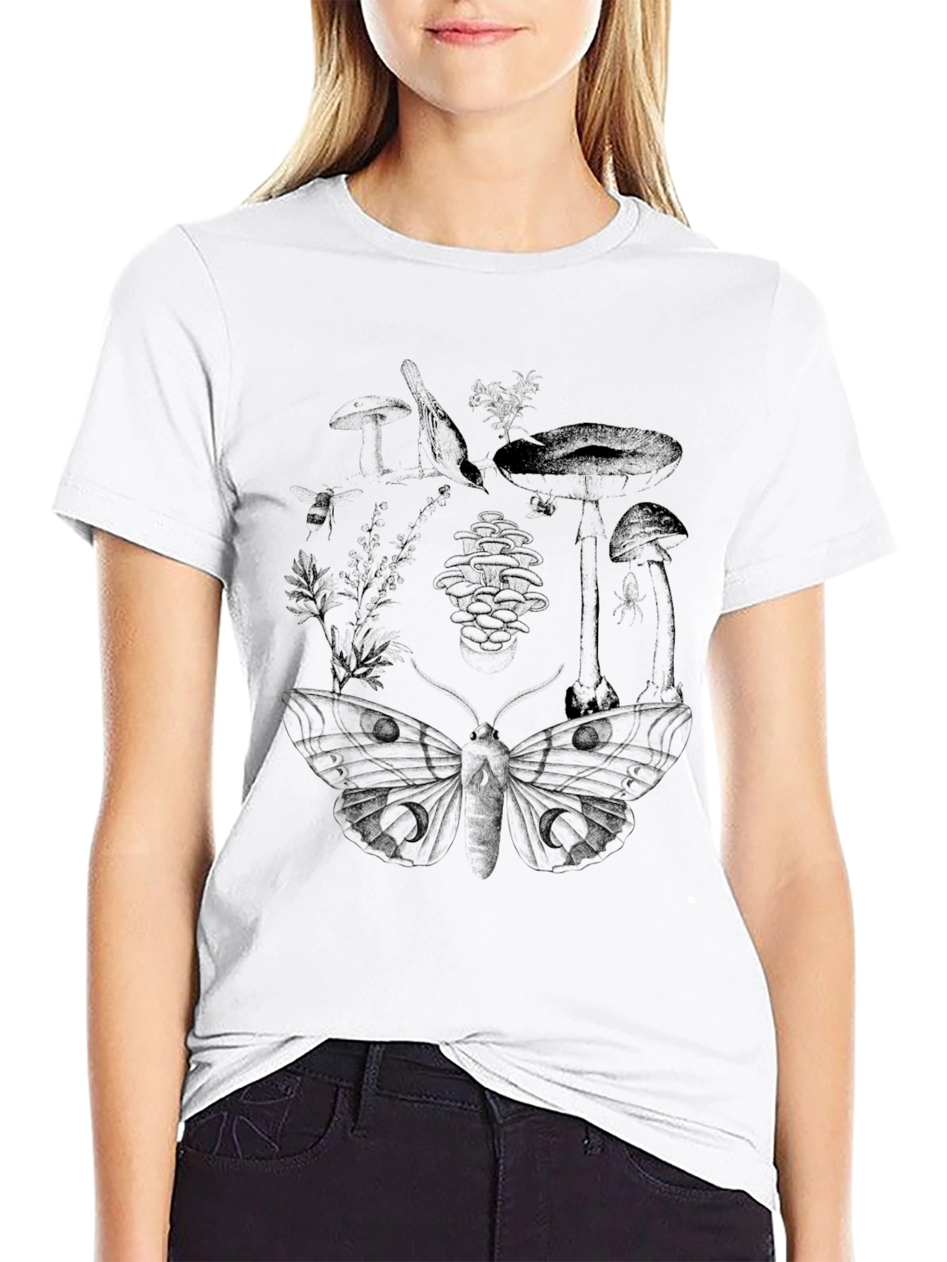 Botanical Moth Print Black T-Shirt