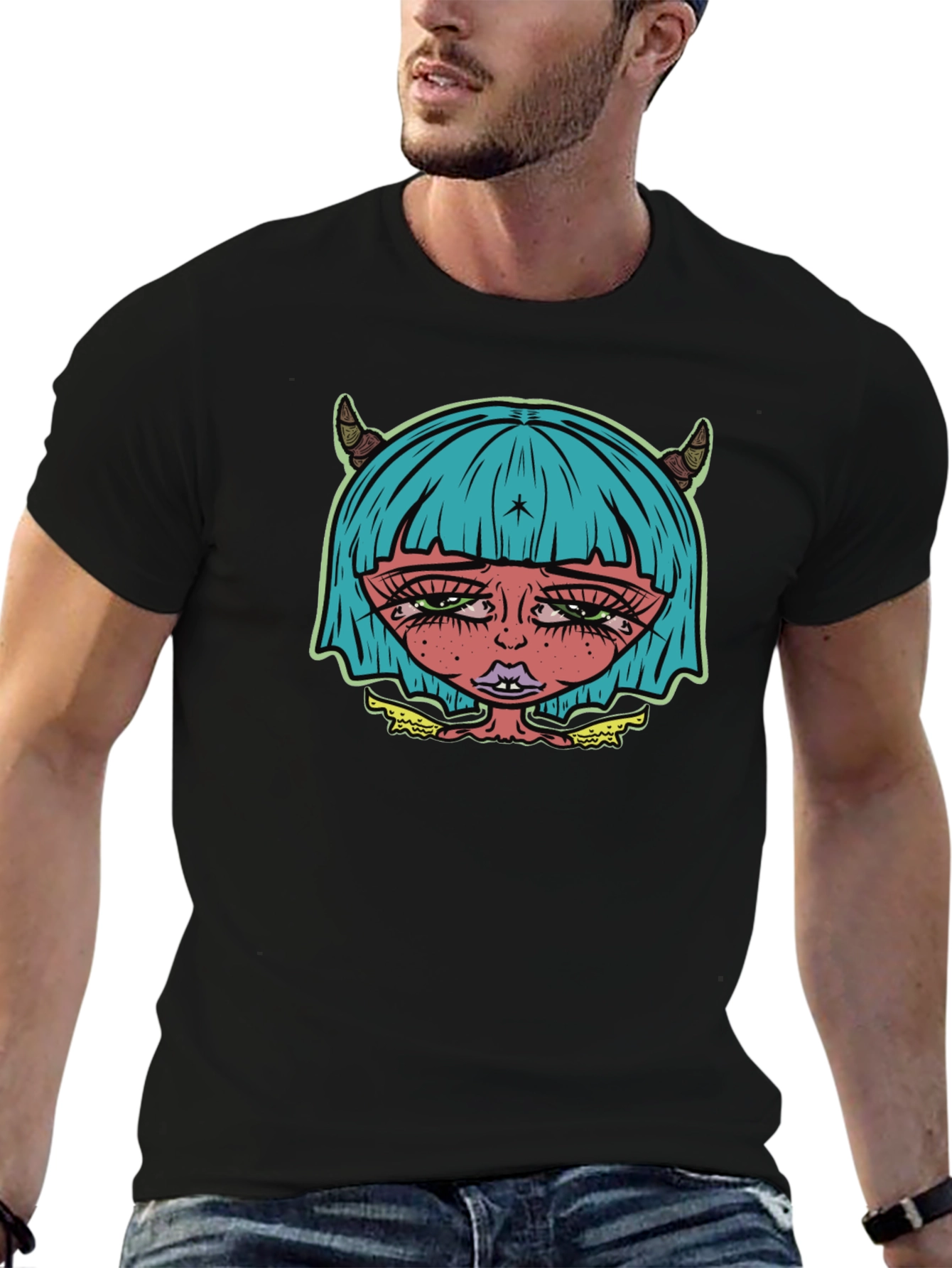 Edgy Demon Girl Graphic Tee - Unisex Black T-Shirt