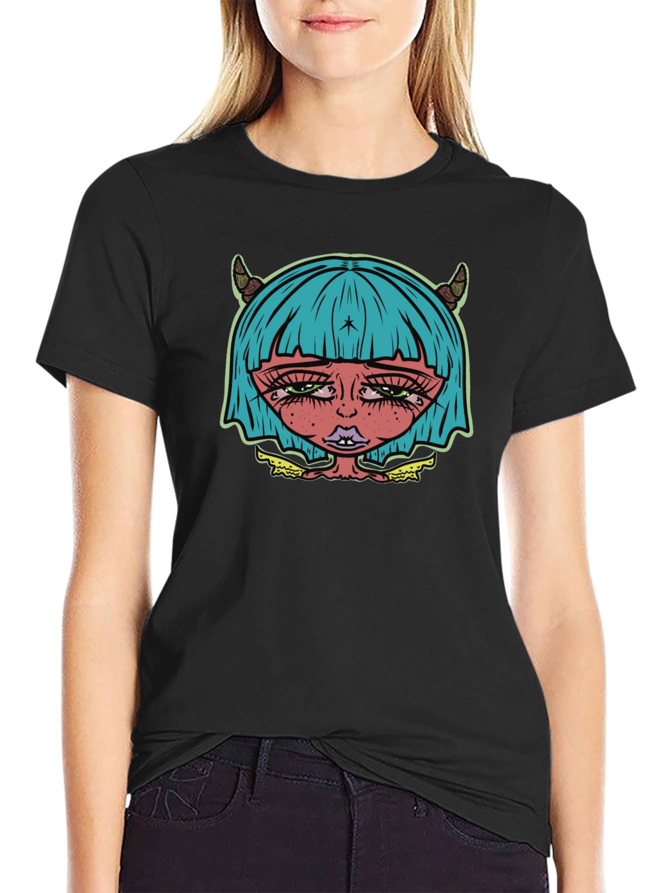 Edgy Demon Girl Graphic Tee - Unisex Black T-Shirt