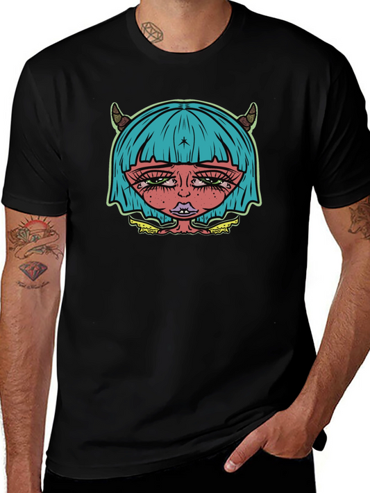 Edgy Demon Girl Graphic Tee - Unisex Black T-Shirt