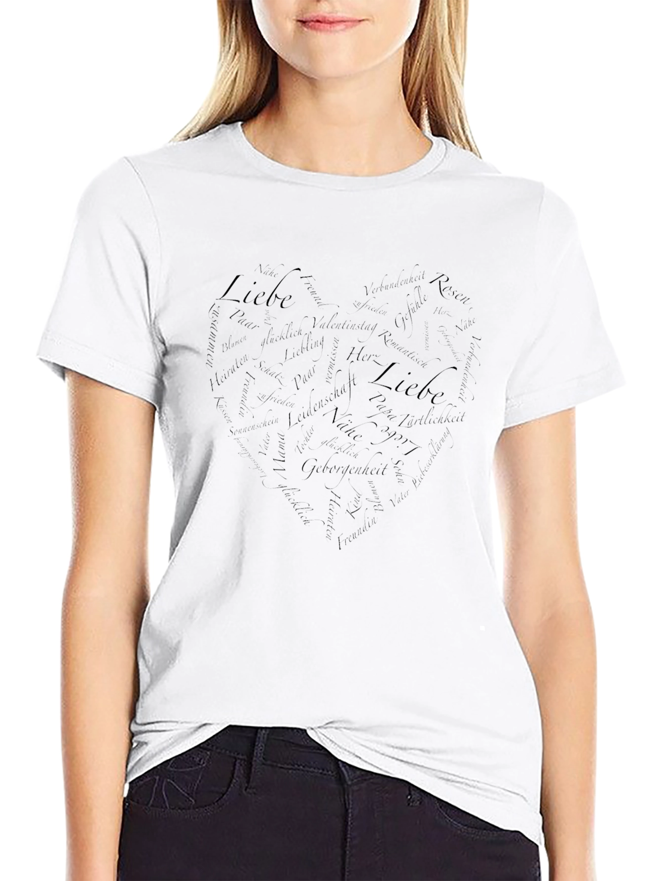 Mens Black Liebe Heart Word Art Graphic T-Shirt