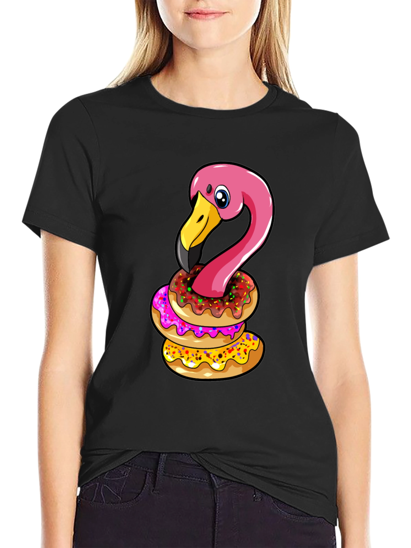 Flamingo Donut Stack T-Shirt - Funny Bird Graphic Tee