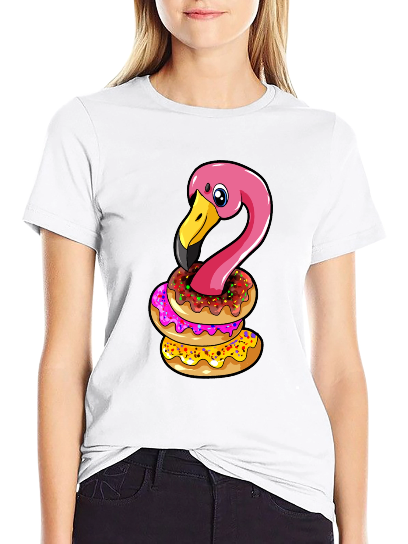 Flamingo Donut Stack T-Shirt - Funny Bird Graphic Tee