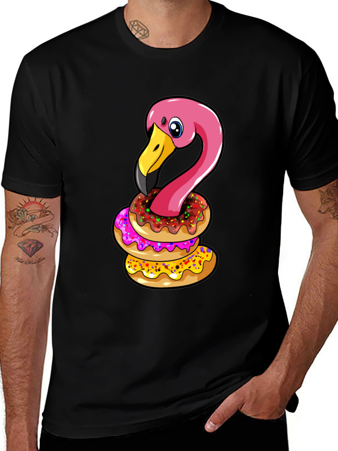 Flamingo Donut Stack T-Shirt - Funny Bird Graphic Tee