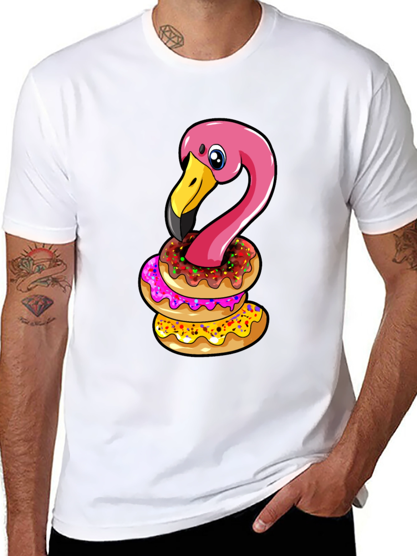 Flamingo Donut Stack T-Shirt - Funny Bird Graphic Tee