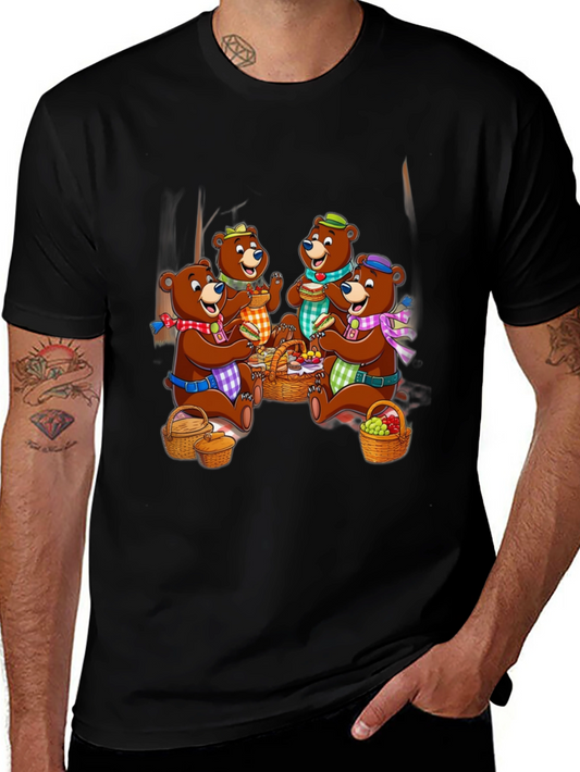 Bear Family Picnic Black T-Shirt