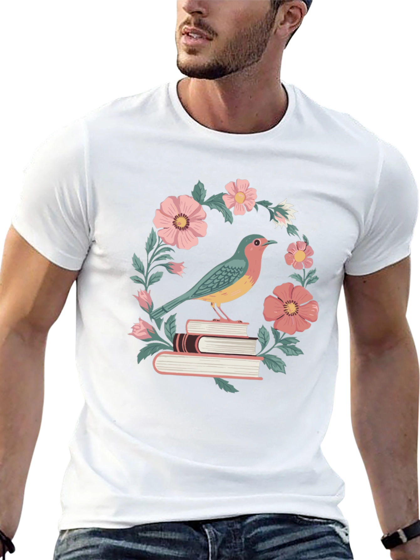 Bird on Books Floral T-Shirt
