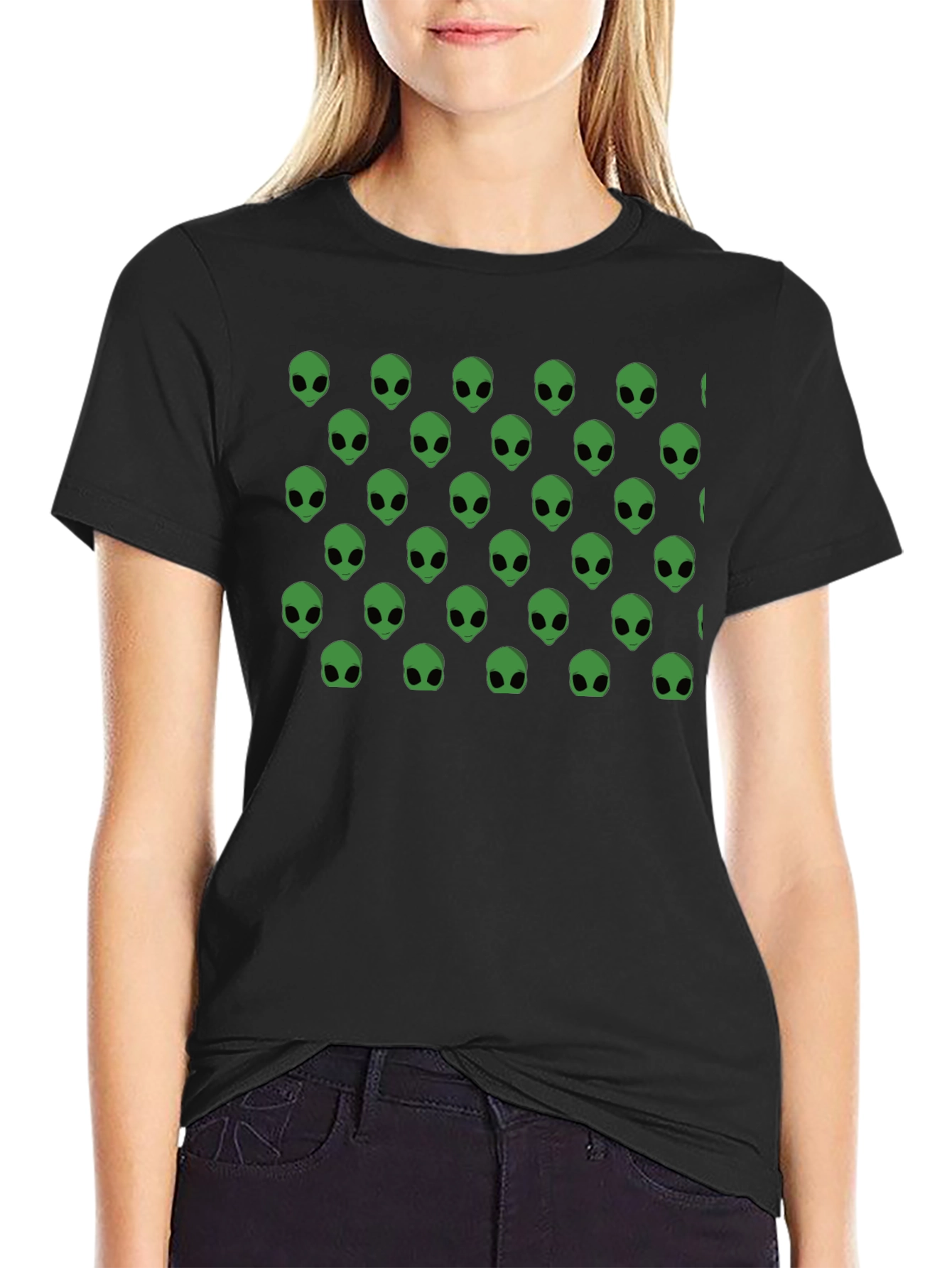 Alien Head Pattern Black T-Shirt