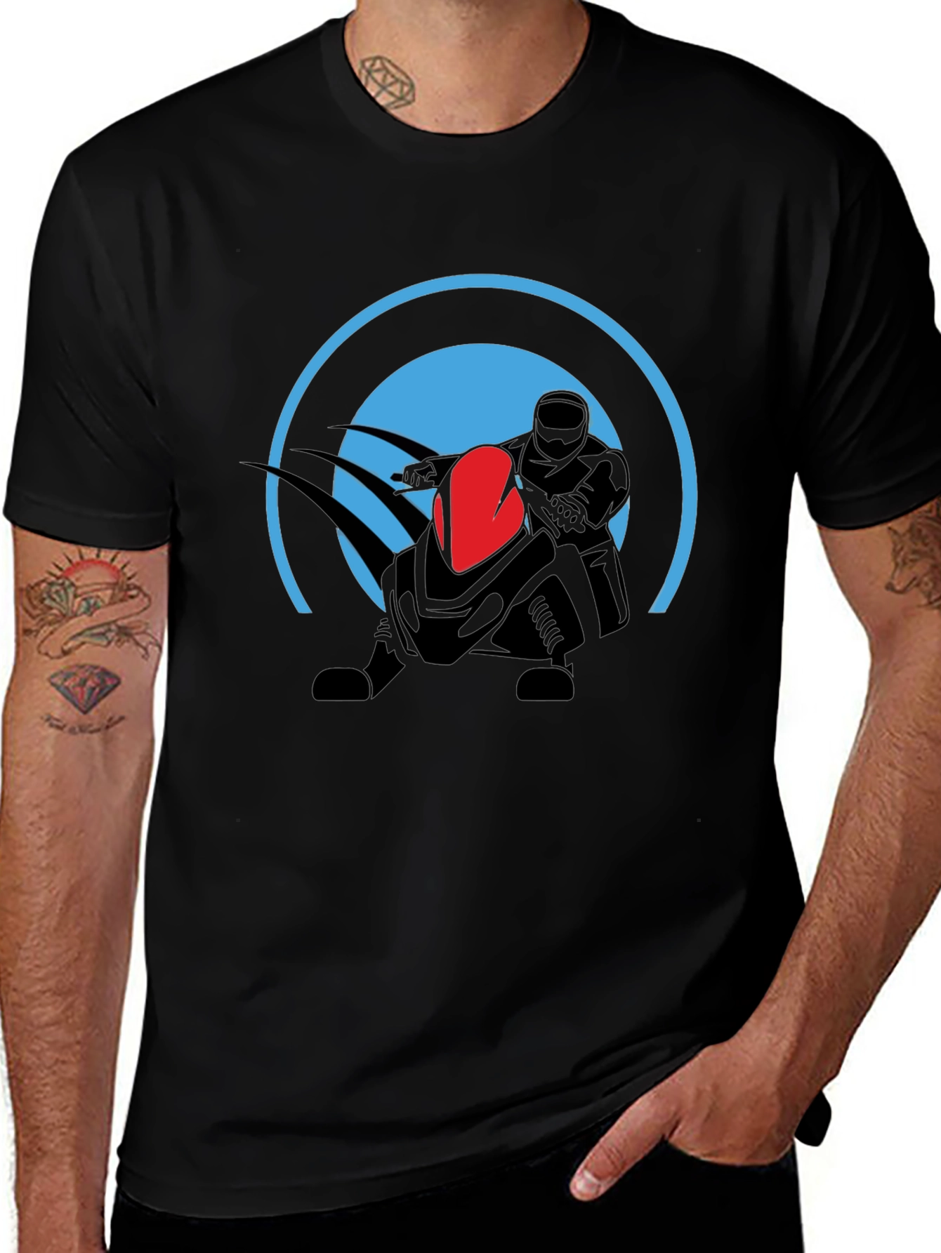 Black Graphic Tee: Futuristic Rider Design
