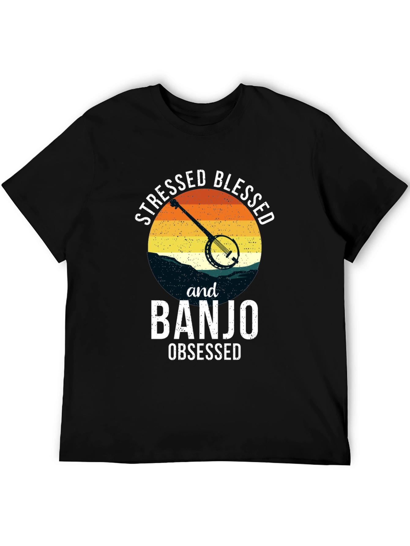 Stressed Blessed Banjo Obsessed Black Tee
