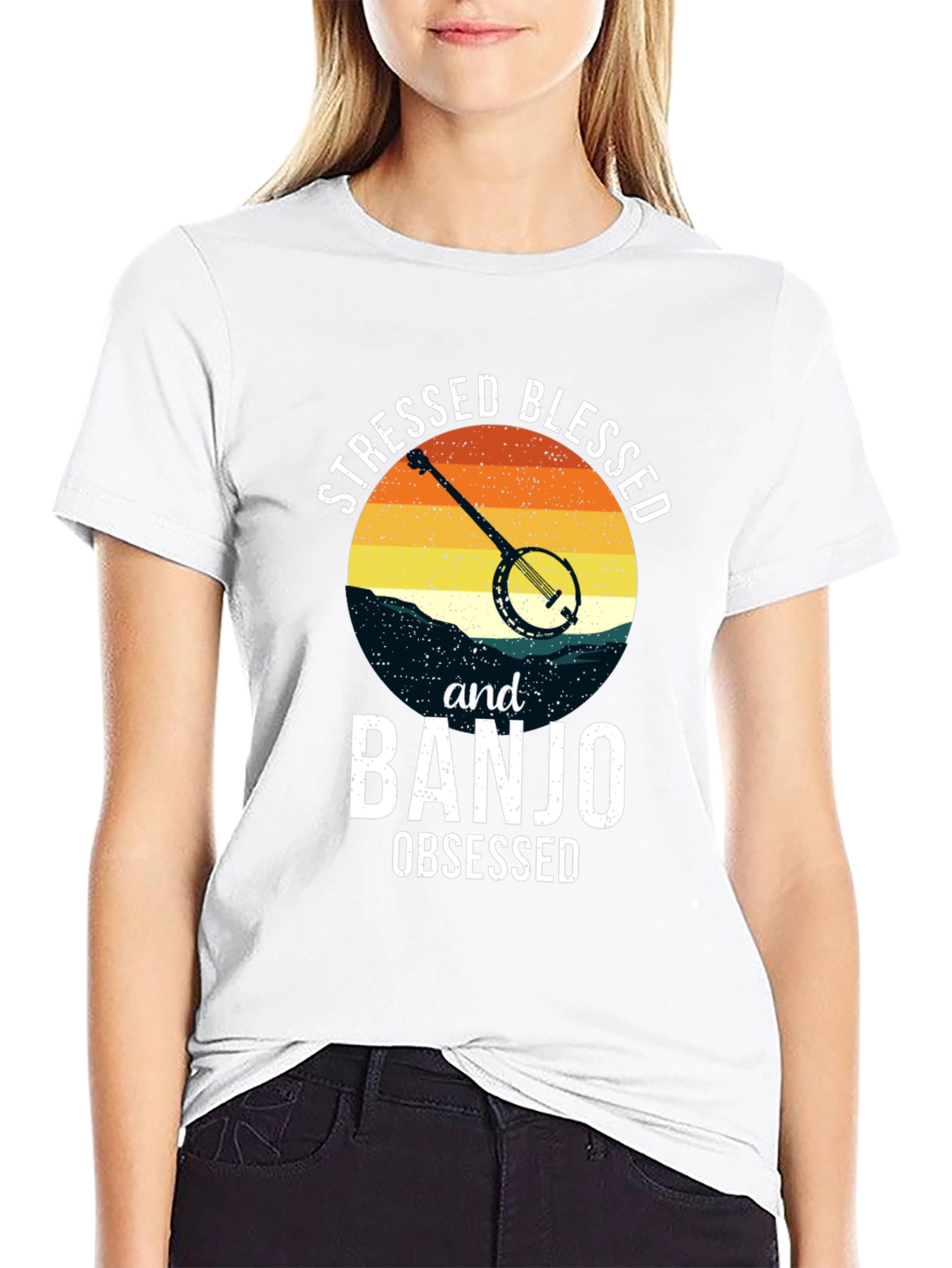 Stressed Blessed Banjo Obsessed Black Tee