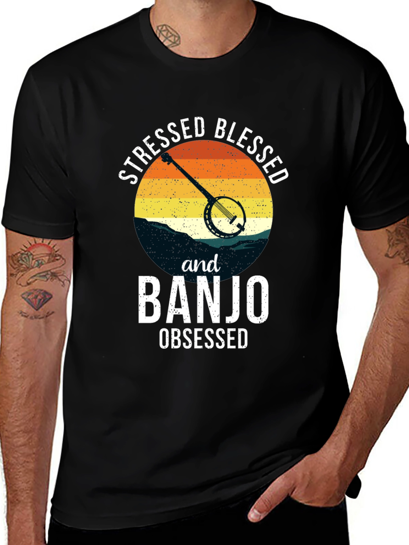 Stressed Blessed Banjo Obsessed Black Tee