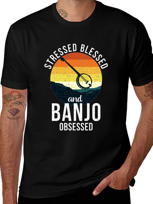 Stressed Blessed Banjo Obsessed Black Tee