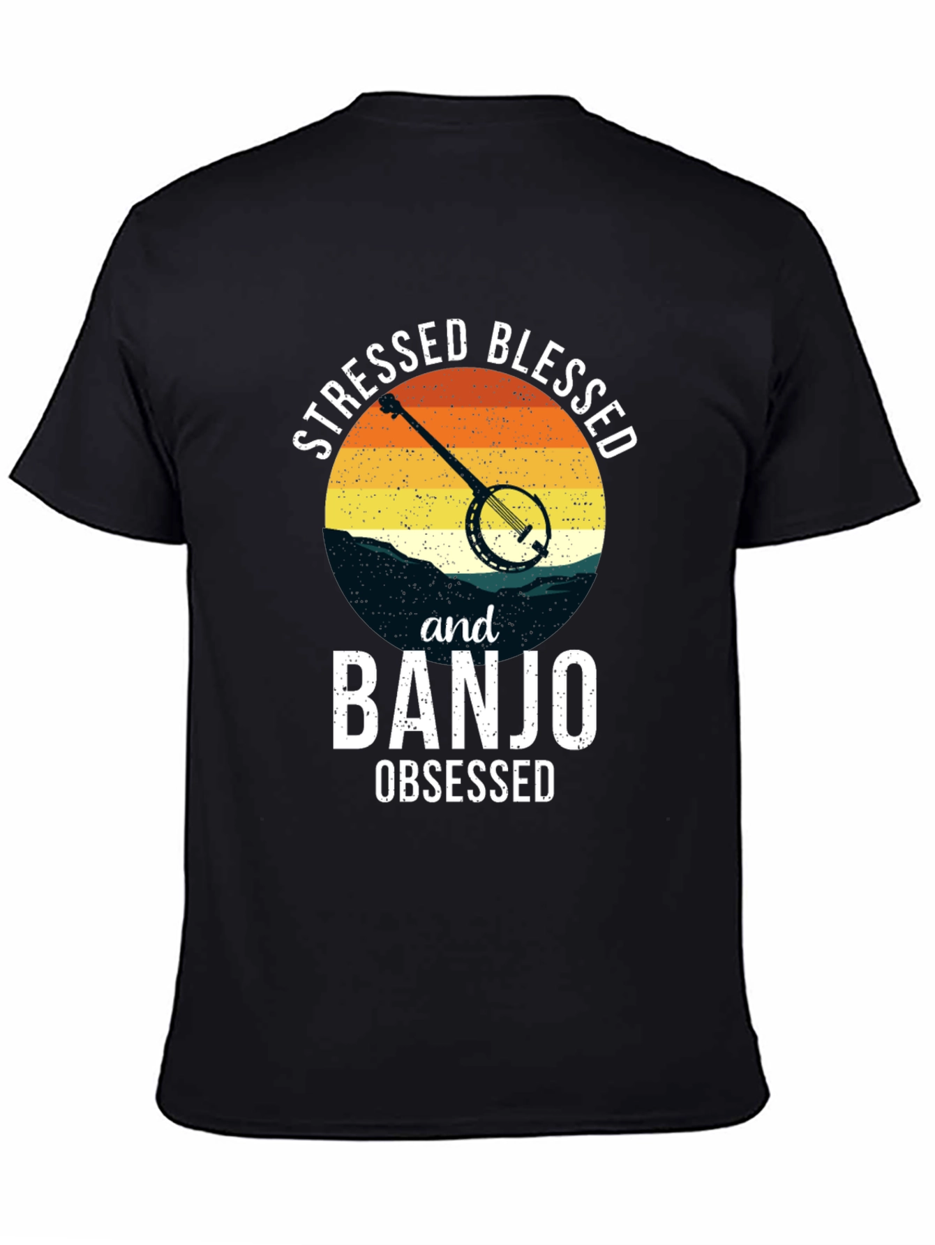 Stressed Blessed Banjo Obsessed Black Tee