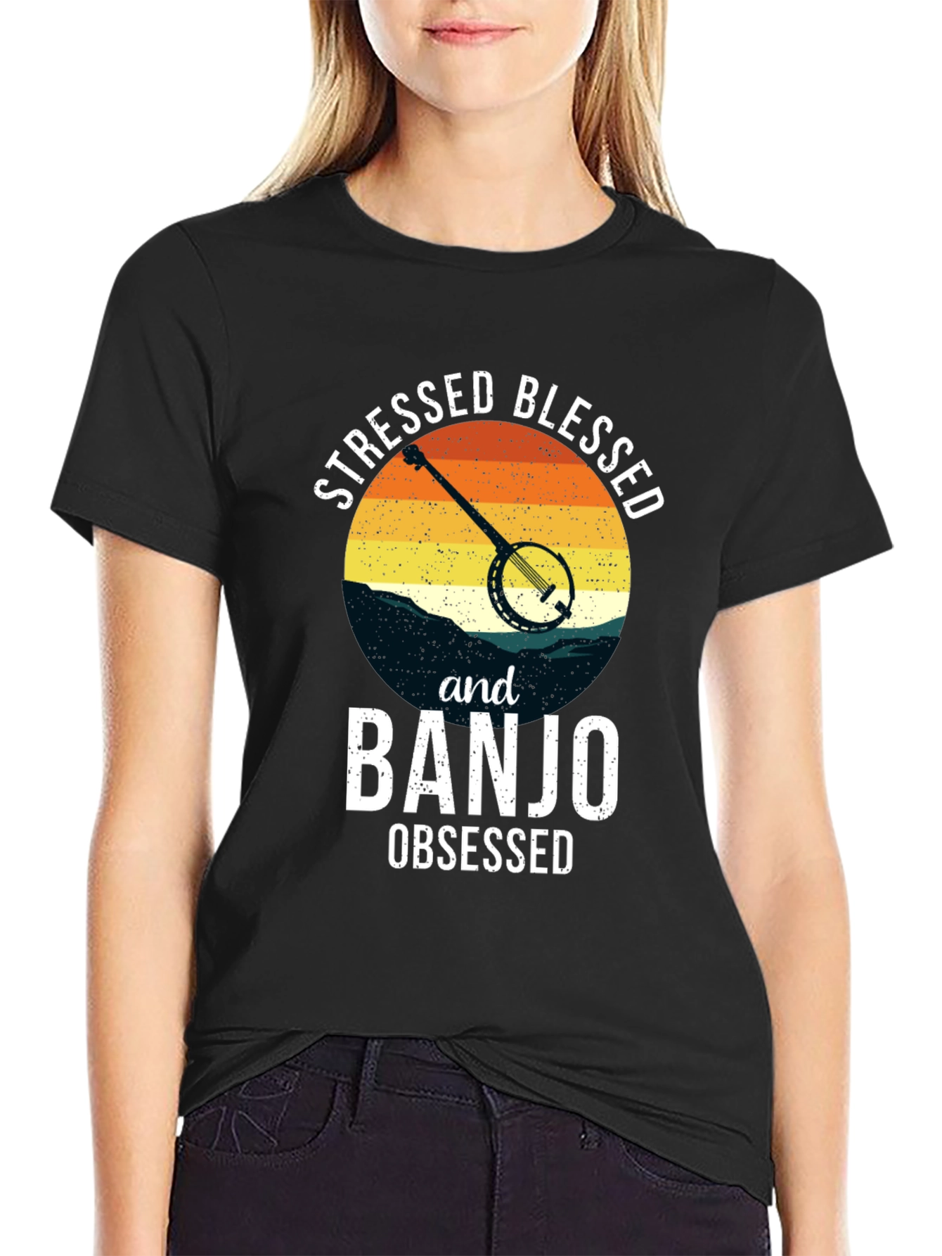 Stressed Blessed Banjo Obsessed Black Tee