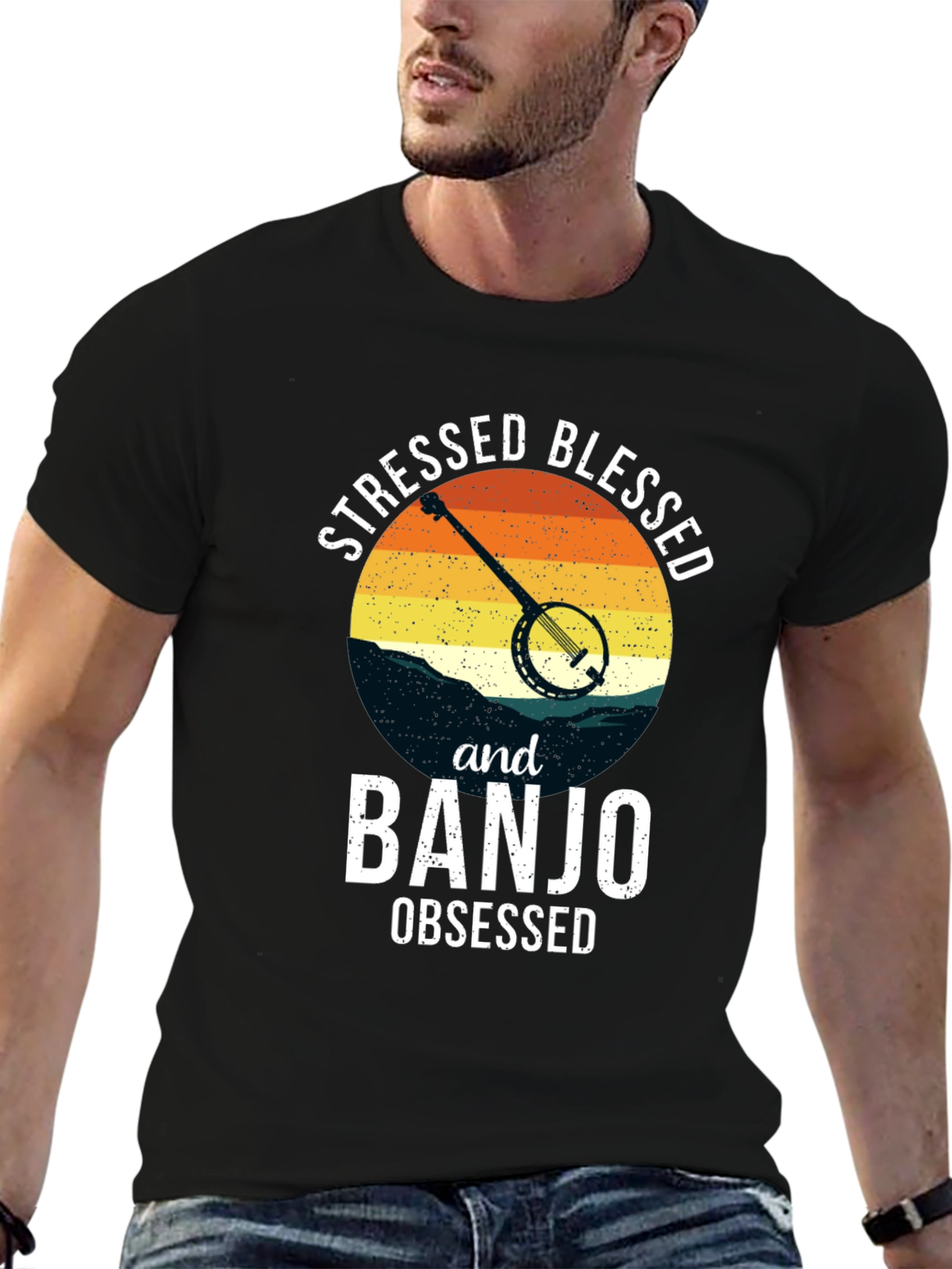 Stressed Blessed Banjo Obsessed Black Tee